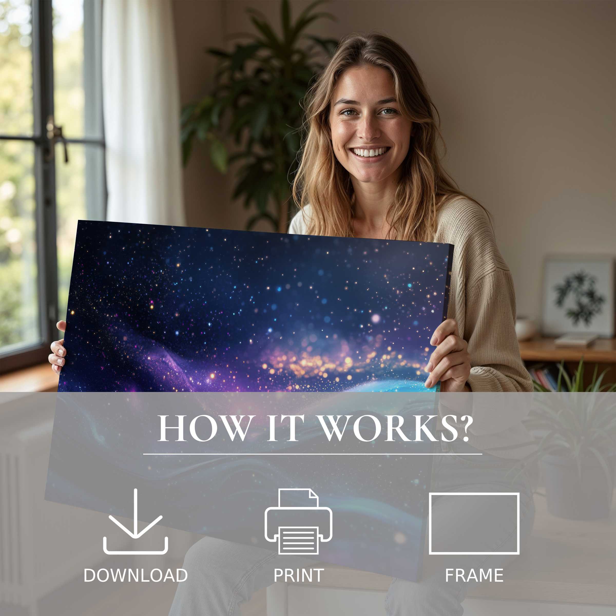 A radiant moment of connection and joy unfolds as a woman embraces a modern digital art print, its cosmic blues and golds inspiring serene elegance in a stylish home