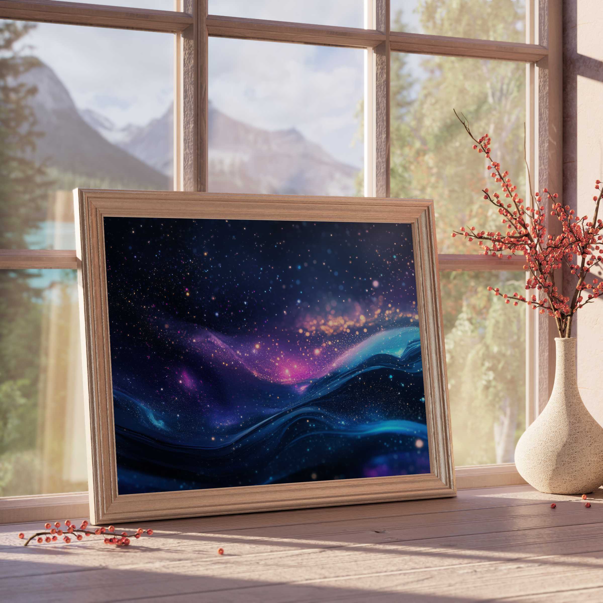 Modern downloadable art depicting a celestial, flowing galaxy in rich blues and purples, enhancing serene, curated interiors with cosmic elegance and tranquil vibrancy