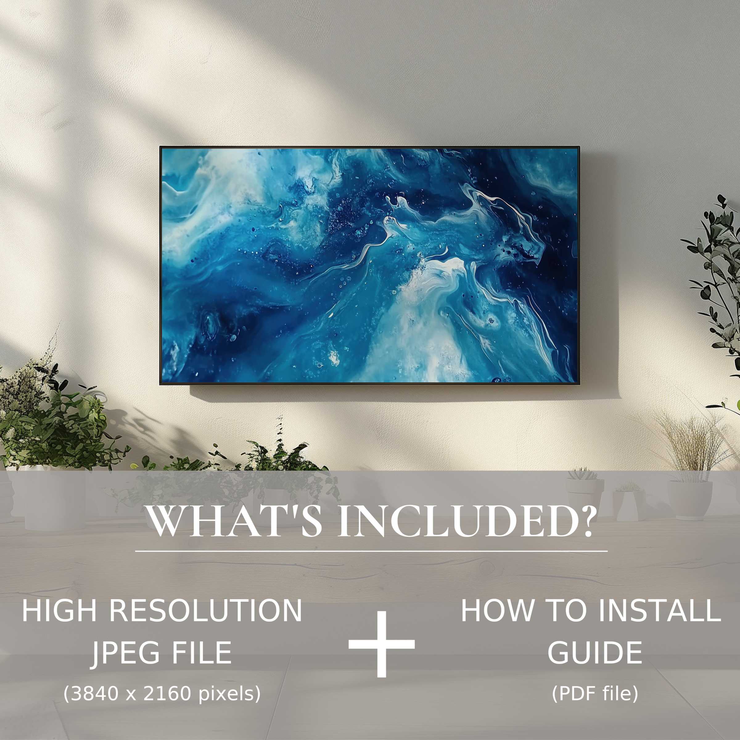 Abstract digital TV art download in calming blues, effortlessly elevating stylish living spaces with easy digital use