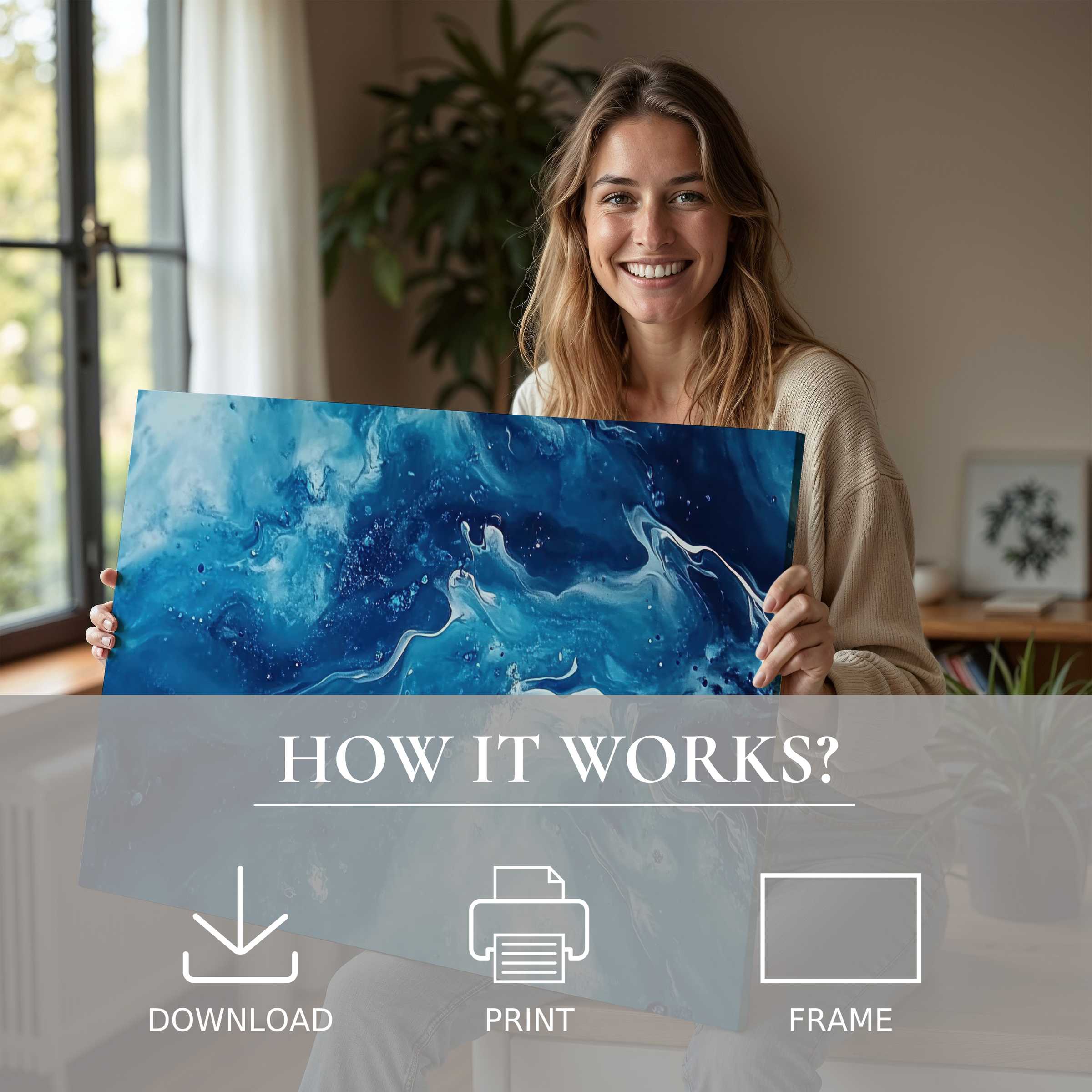 A joyful woman in a modern home holds a vibrant abstract digital art print, embodying the serene joy of living with art
