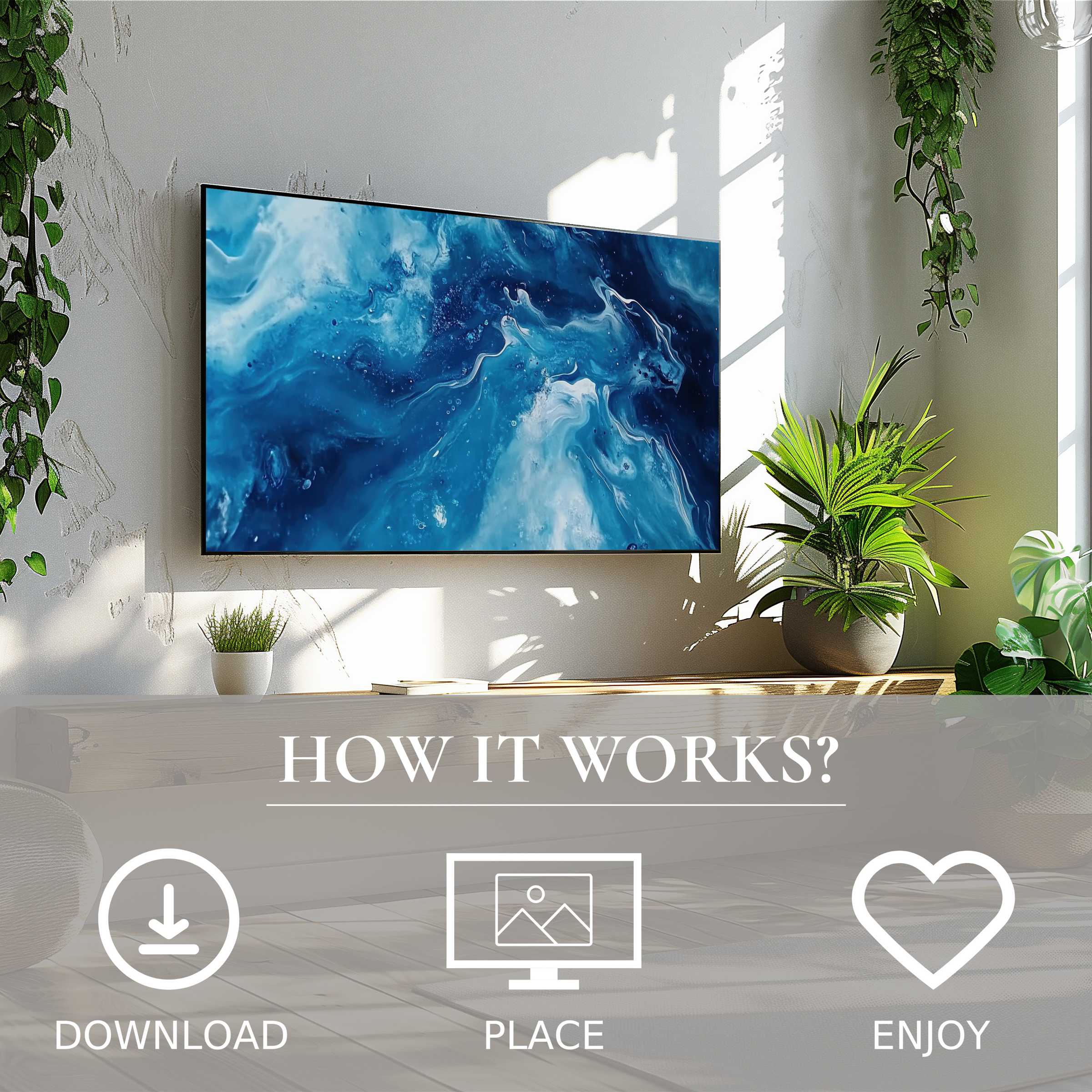 Abstract art for Samsung TV with fluid blue waves, easy digital download, enriching modern living spaces