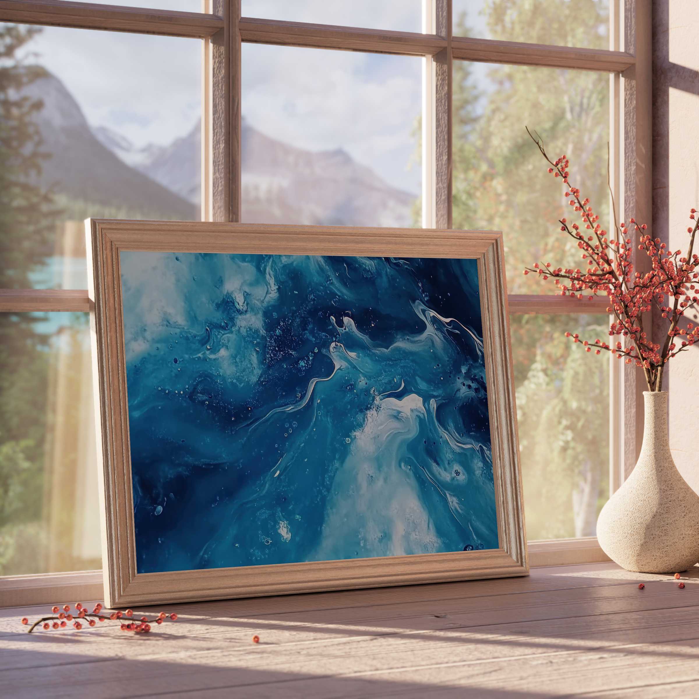 Abstract downloadable art in rich navy and azure hues fosters a tranquil, curated ambiance, perfect for elevating modern, sophisticated interiors