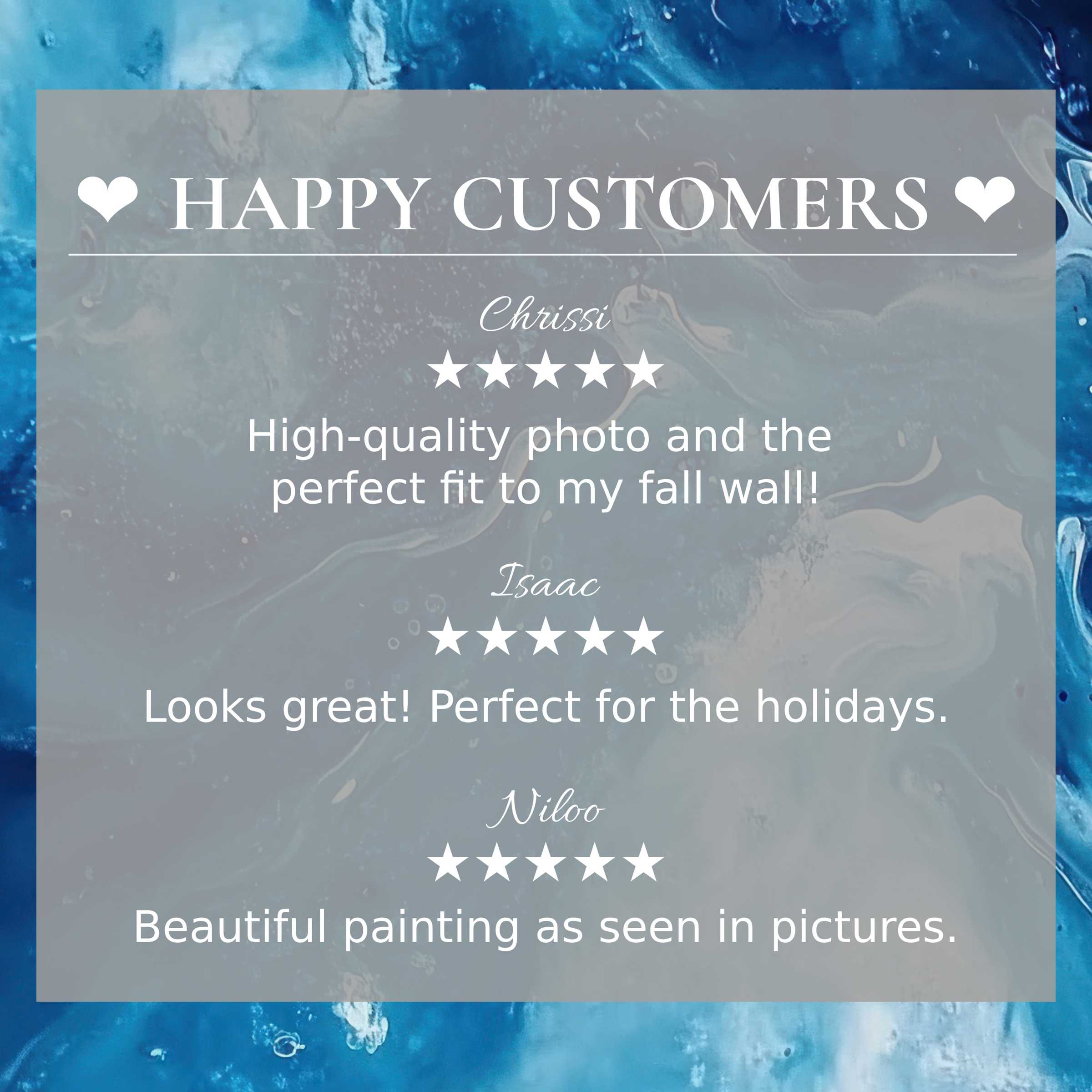 Abstract art for Frame TV with fluid blue tones, showcasing happy customer reviews, trust, and elegant style