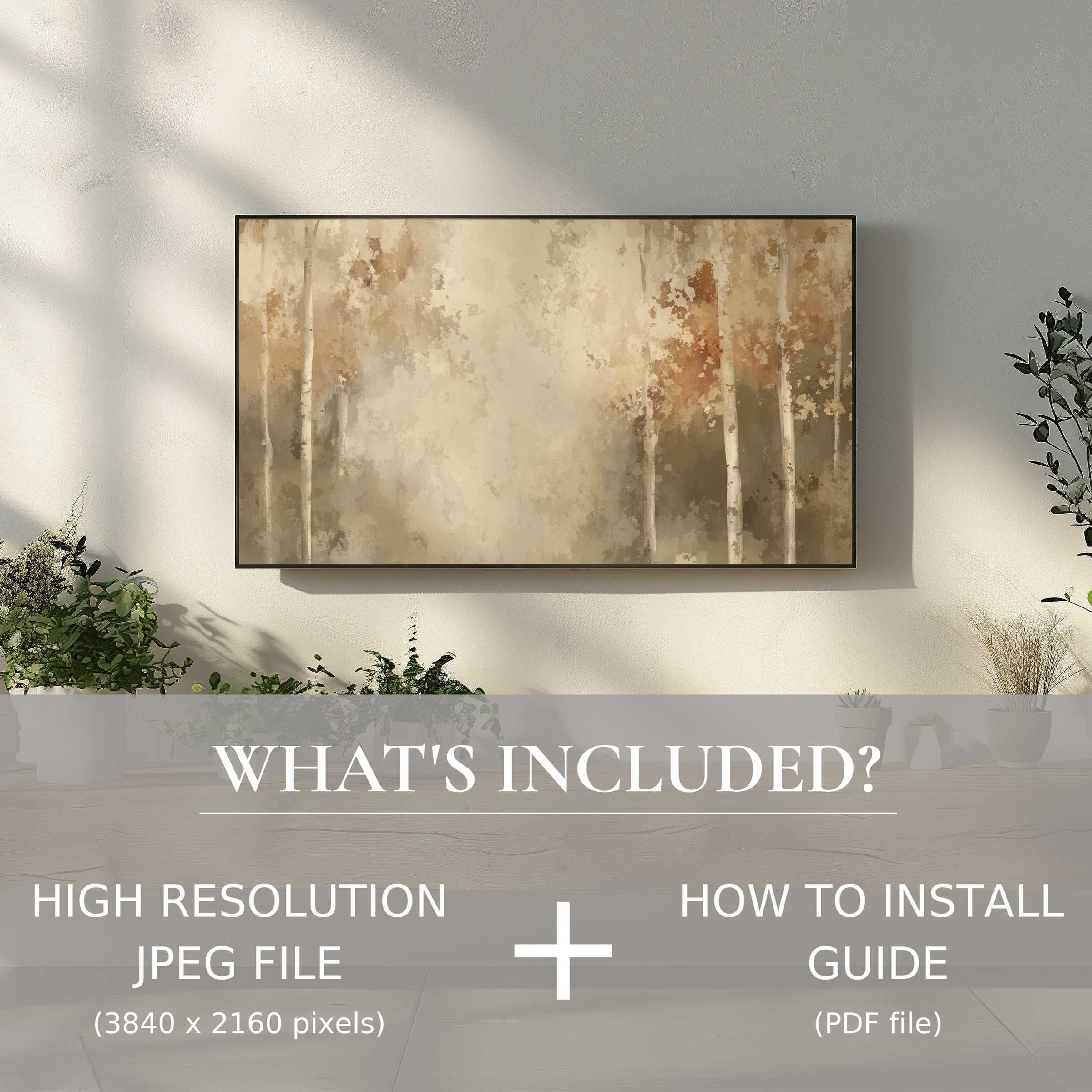 Elegant tree digital TV art download in muted tones, enhancing modern living spaces with easy digital use and style