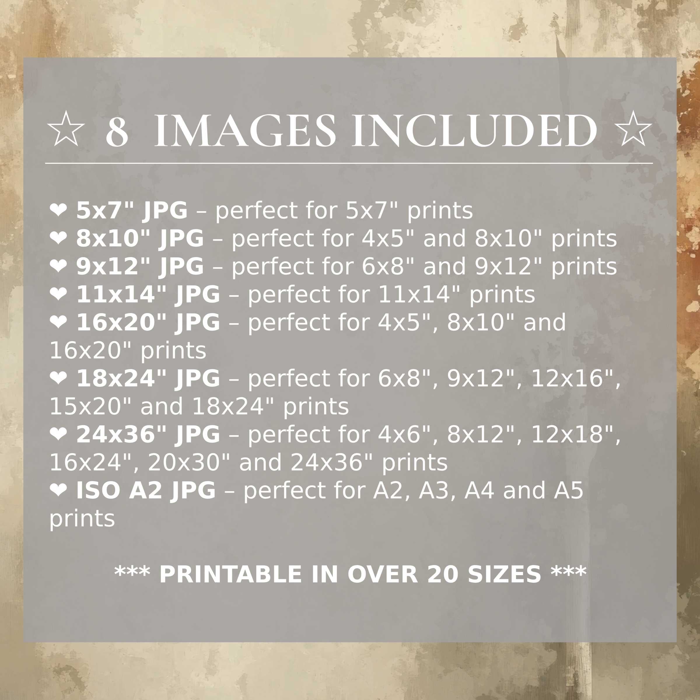 Print size guide showing 8 included JPG formats for versatile wall art printing – perfect for framing in popular sizes from 5x7 to 24x36 and A2