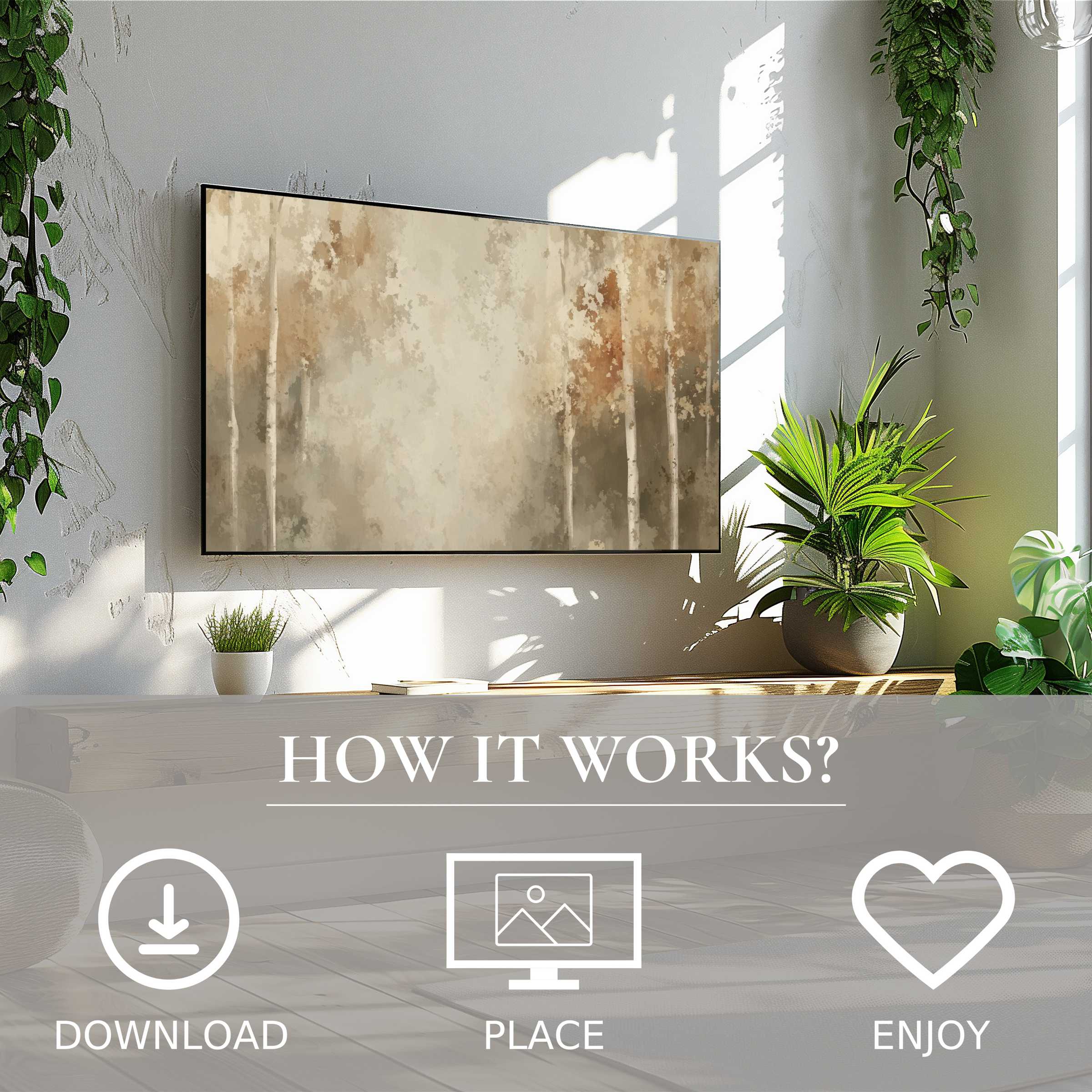 Tree art for Samsung TV with soft sunset tones, easy digital download enriching your stylish living space