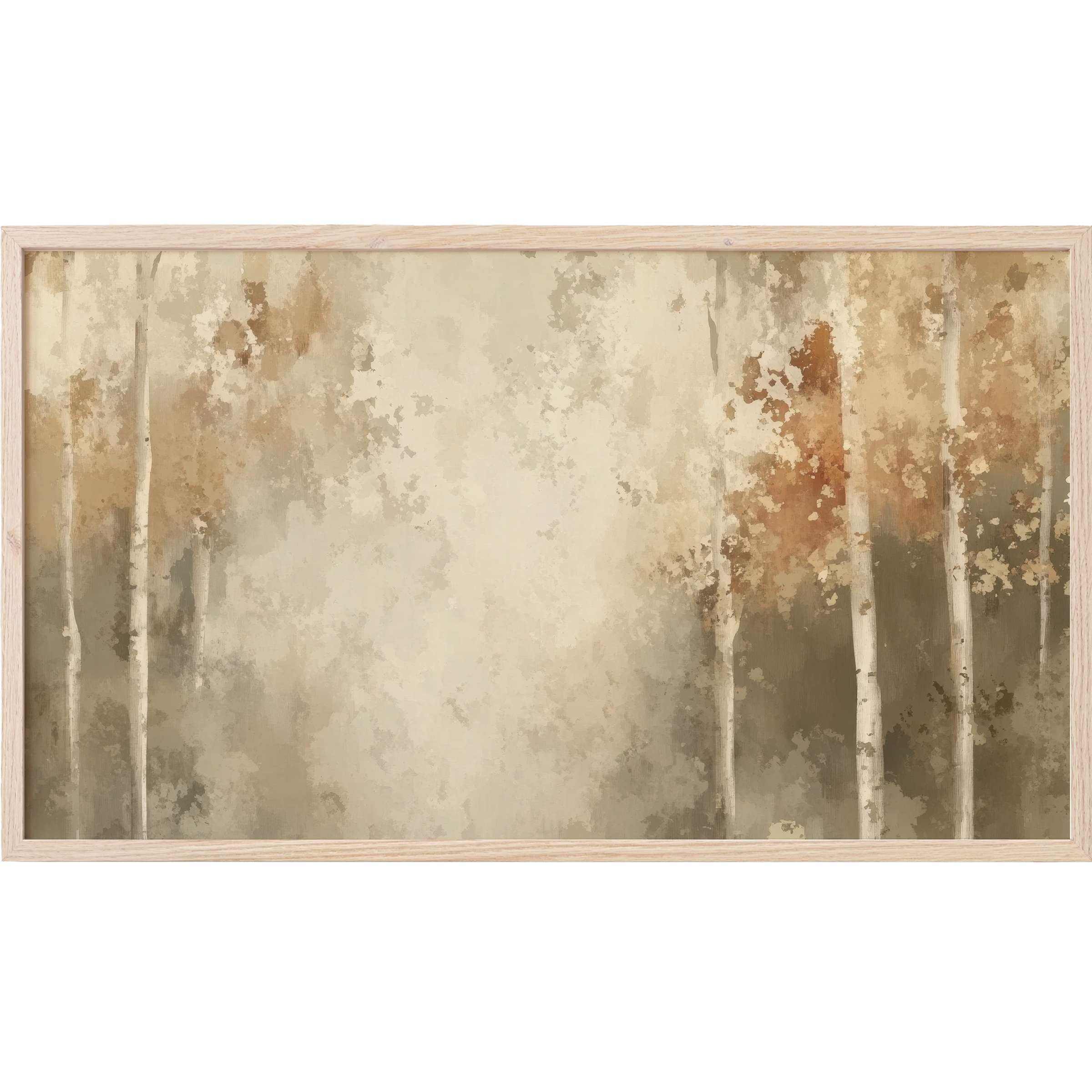 Subtle earth tones blend in this misty birch forest scene, perfect tree Frame TV Art for serene, modern spaces