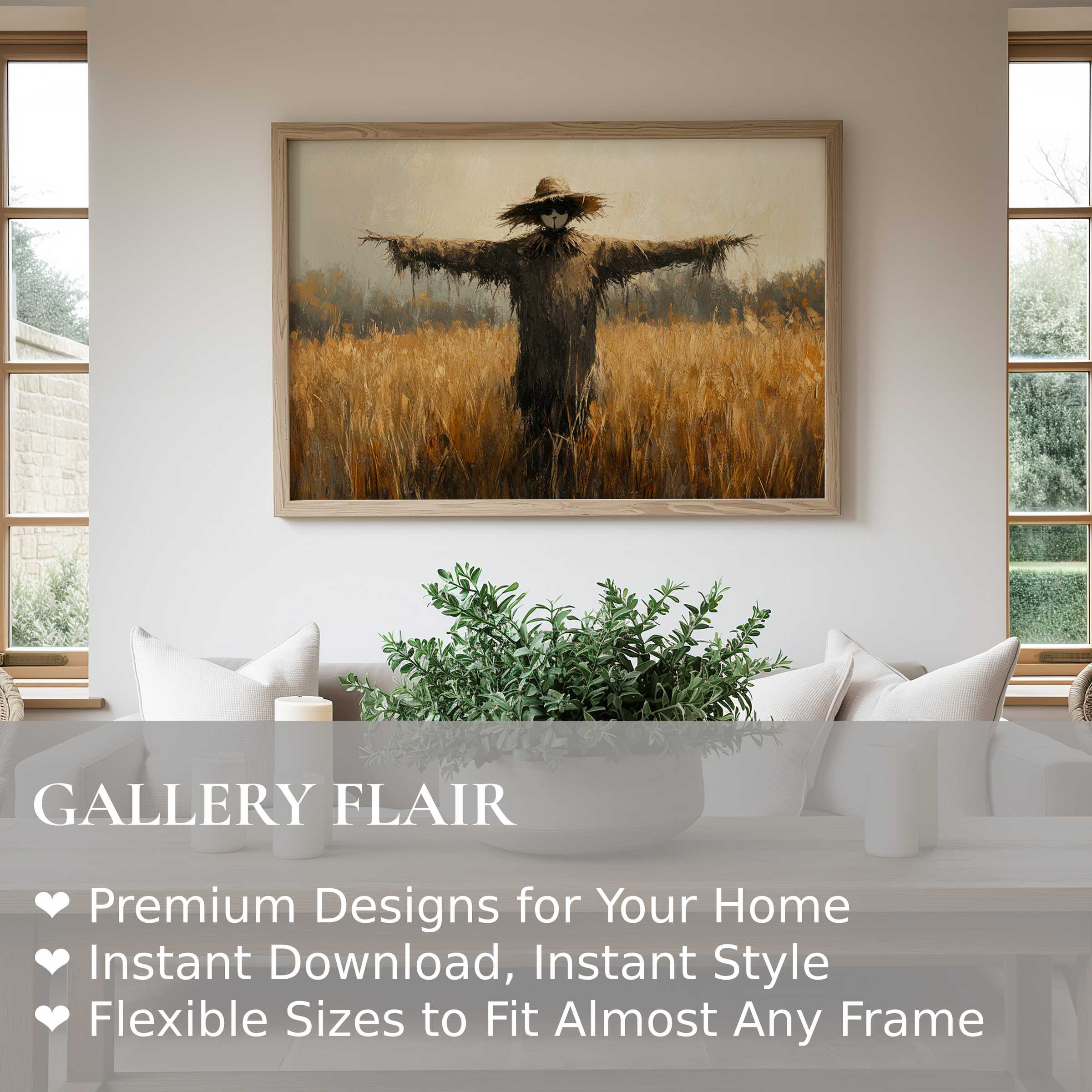 Fall wall art print featuring a textured scarecrow in golden fields, radiating warm, rustic charm in a modern farmhouse setting