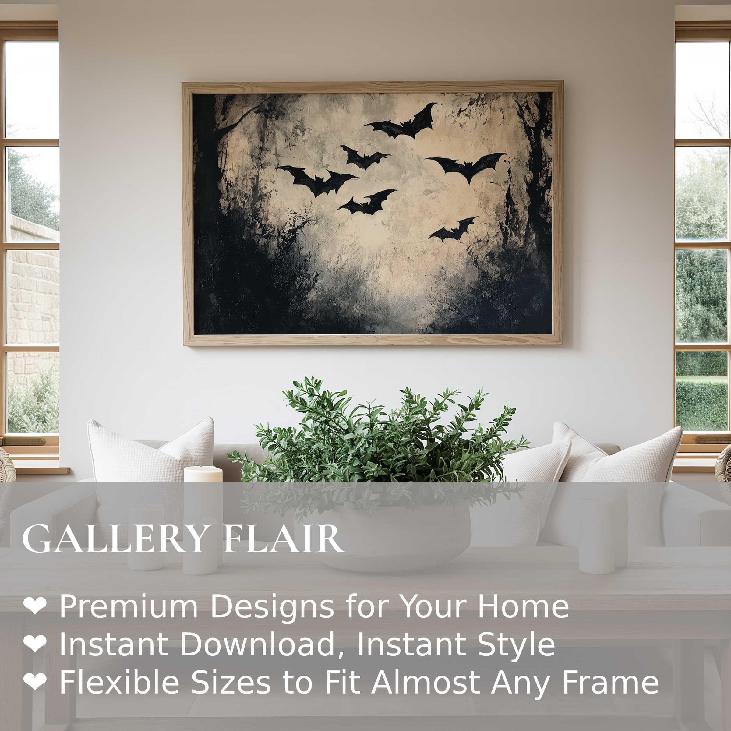 Halloween wall art print featuring bold silhouetted bats in a moody, textured backdrop, elevating modern neutral interiors with eerie elegance