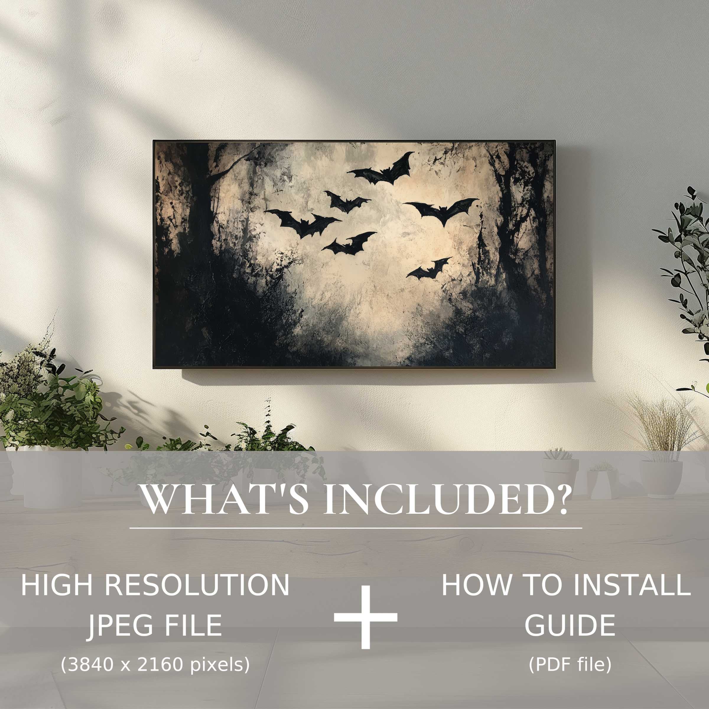 Elegant living space with Halloween digital TV art download featuring bats, easy to use and instantly enhances ambiance