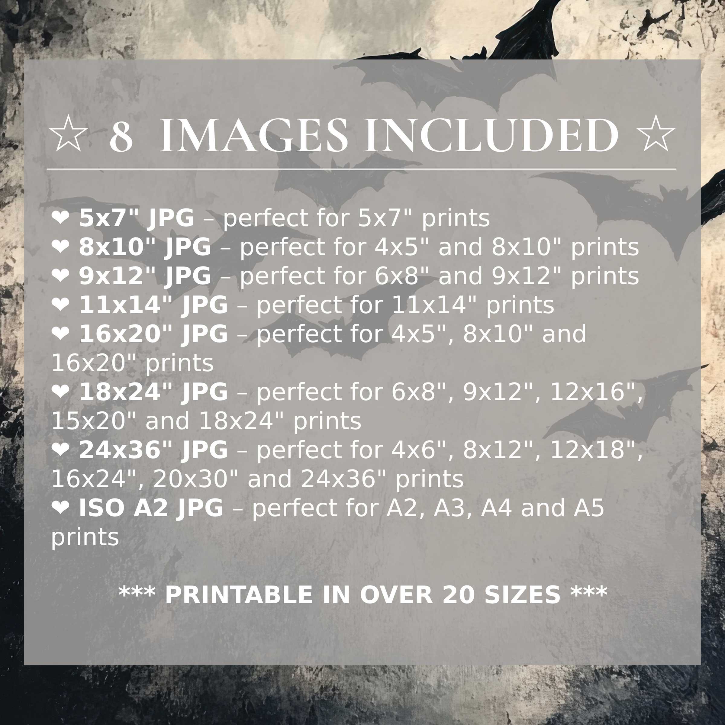 Halloween digital print featuring bold black bats against a muted beige backdrop, radiating dramatic elegance; includes 8 high-quality sizes with download to elevate sophisticated modern interiors with versatile style and refined charm