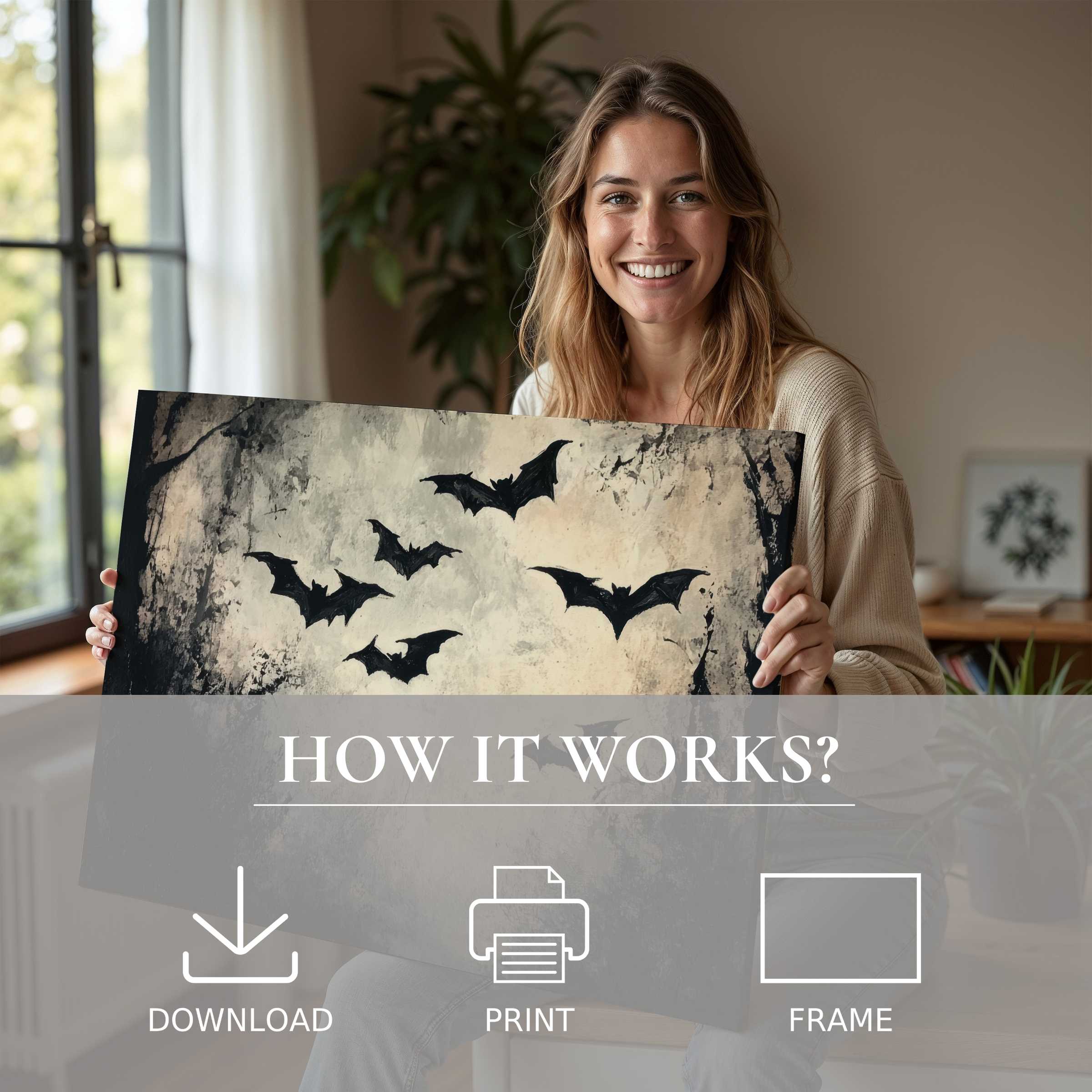 A serene moment in a stylish home celebrates the ease and joy of living with this Halloween digital art print