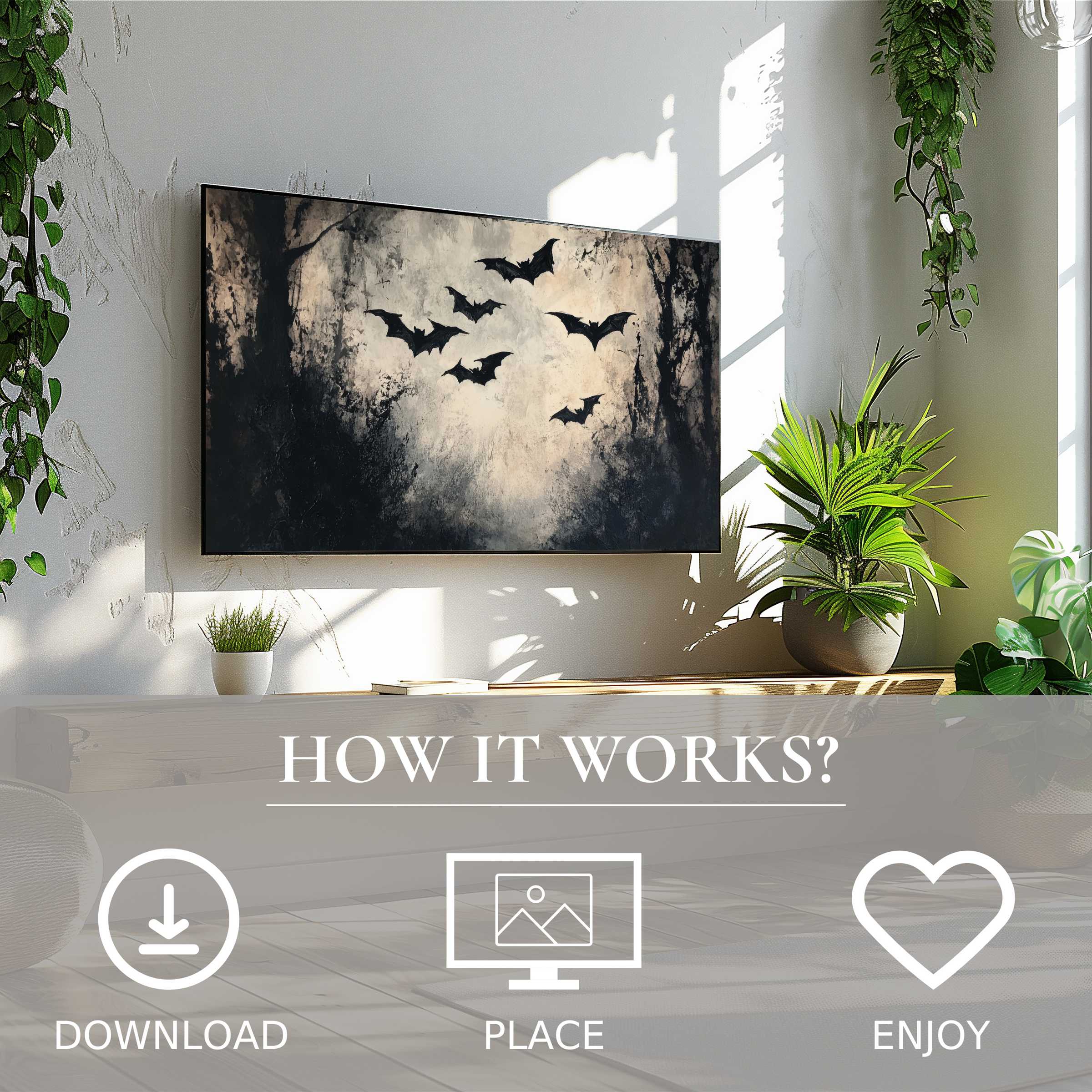 Modern living space with easy digital download; halloween art for Samsung TV shows dark, moody bats in foggy woods