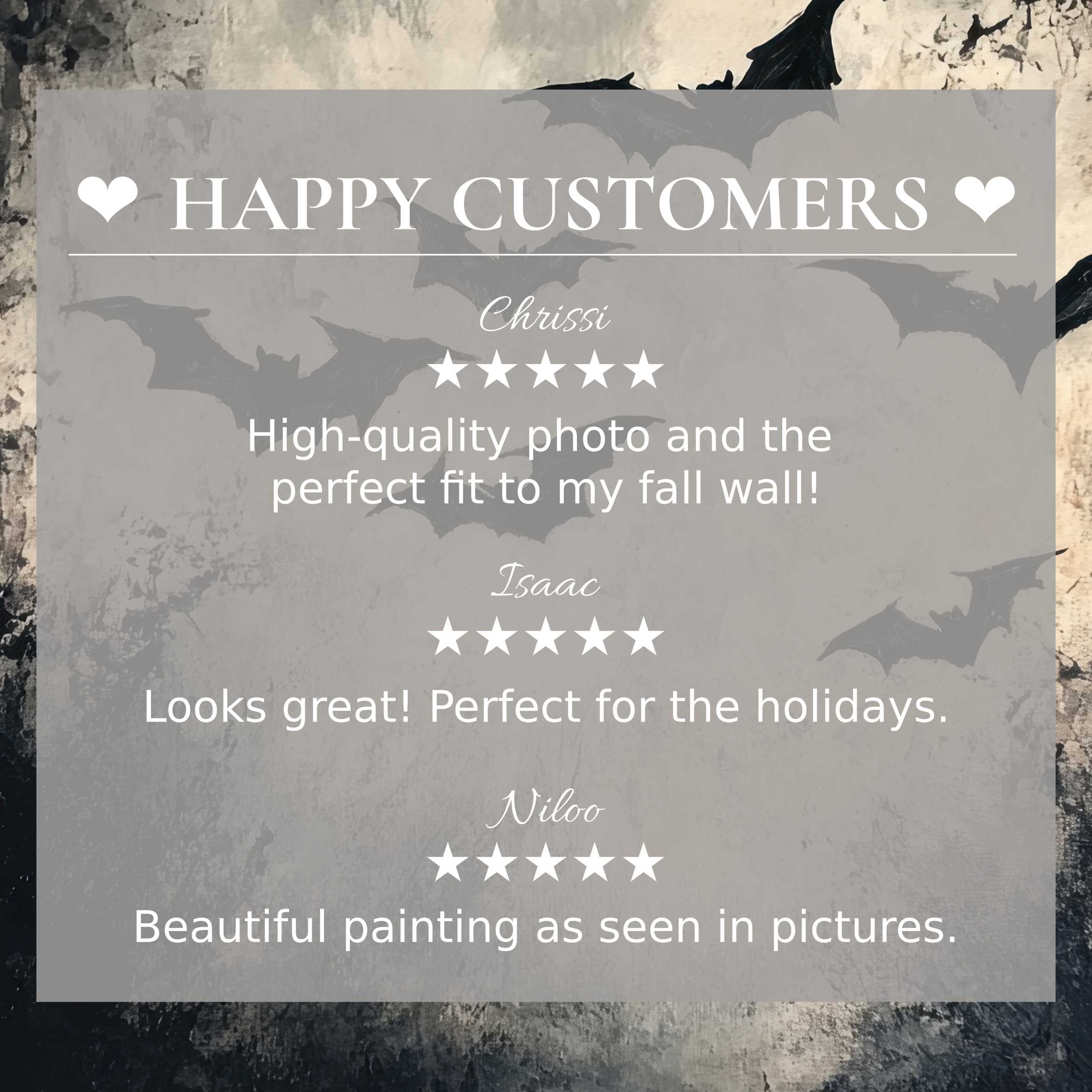 Elegant halloween art for Frame TV with subtle bat motifs, showcasing happy customer reviews that inspire trust and style