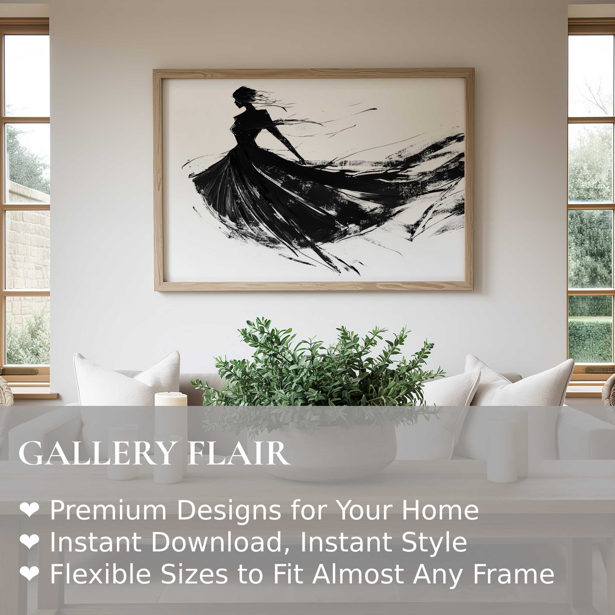 Elegant black and white wall art print of a flowing dress silhouette, adding bold modern sophistication to a serene, minimalist living room