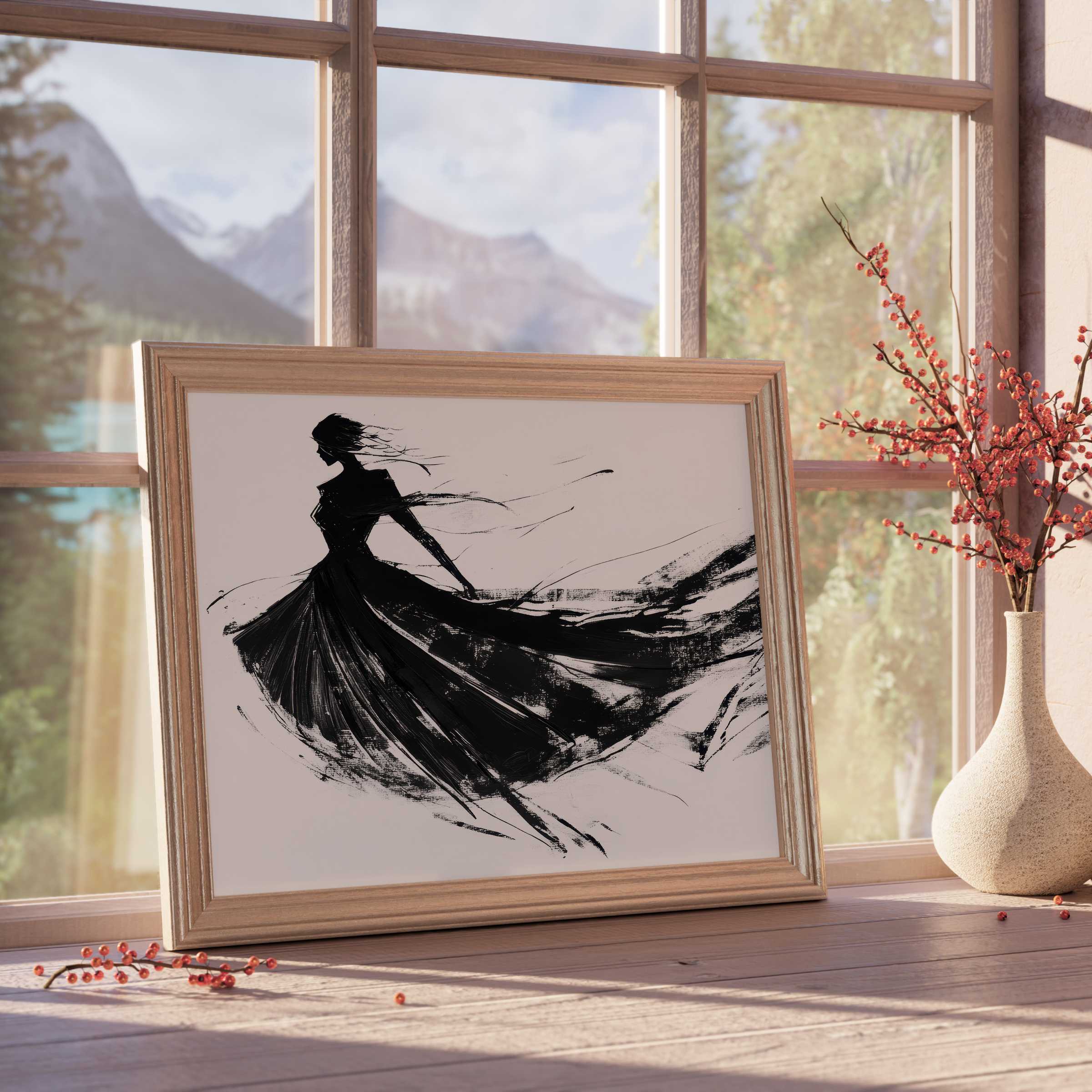 Elegant black and white downloadable art of a flowing dress silhouette, adding serene sophistication and timeless style to curated interiors