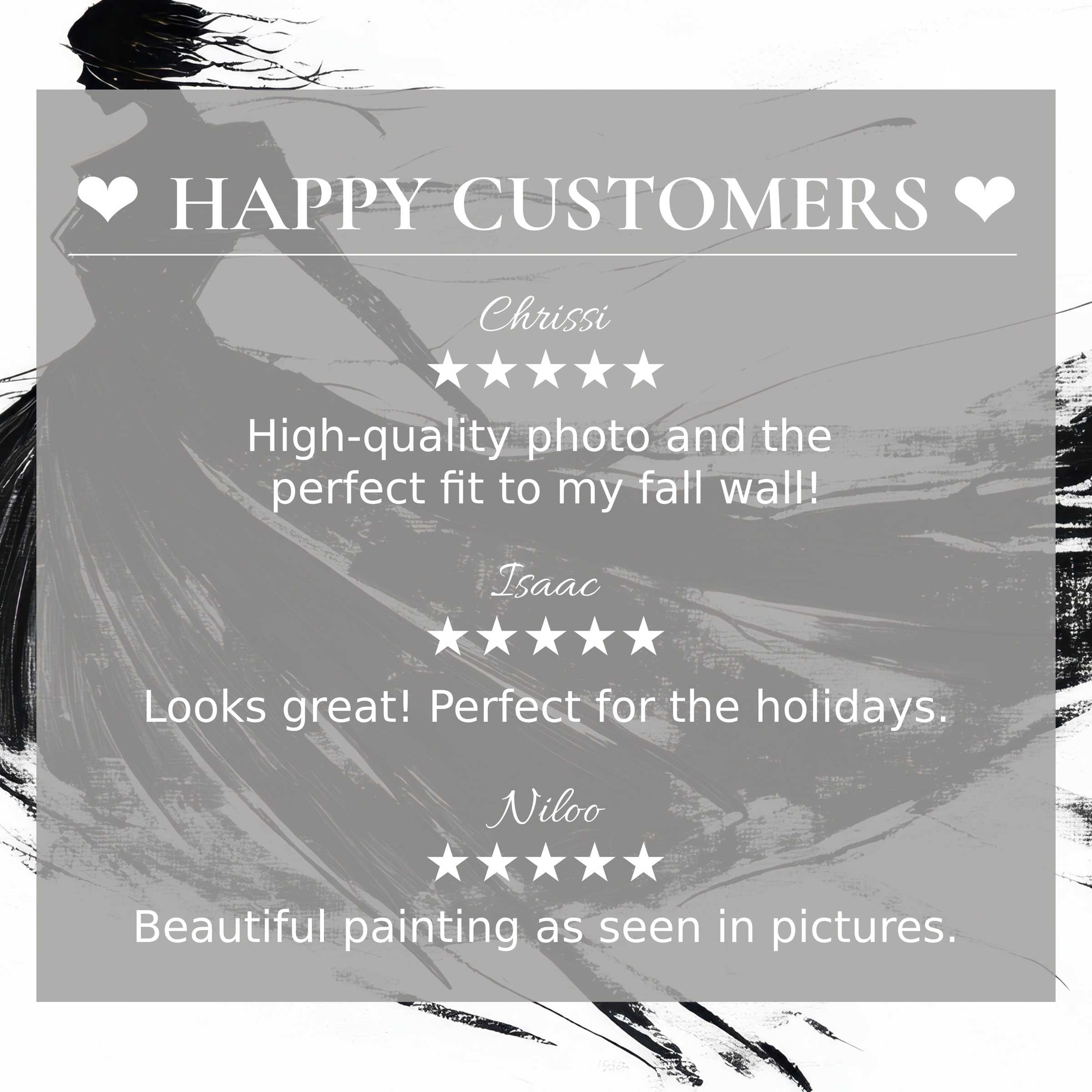 Black and white art for Frame TV with abstract brushstrokes, showcasing happy customer reviews and refined elegance