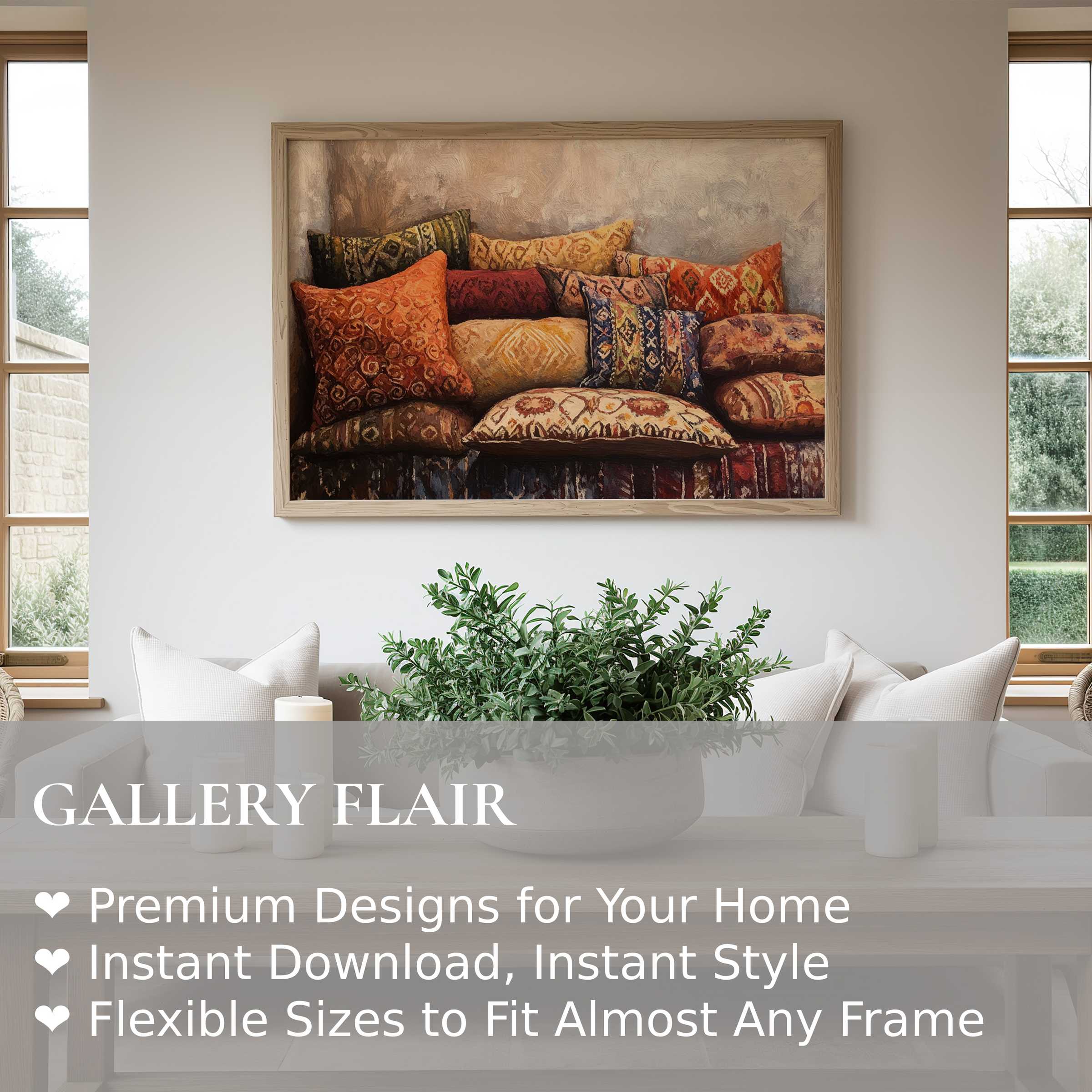 Boho wall art print featuring warm, textured pillows in earthy hues; enhances a serene, modern living space with global charm