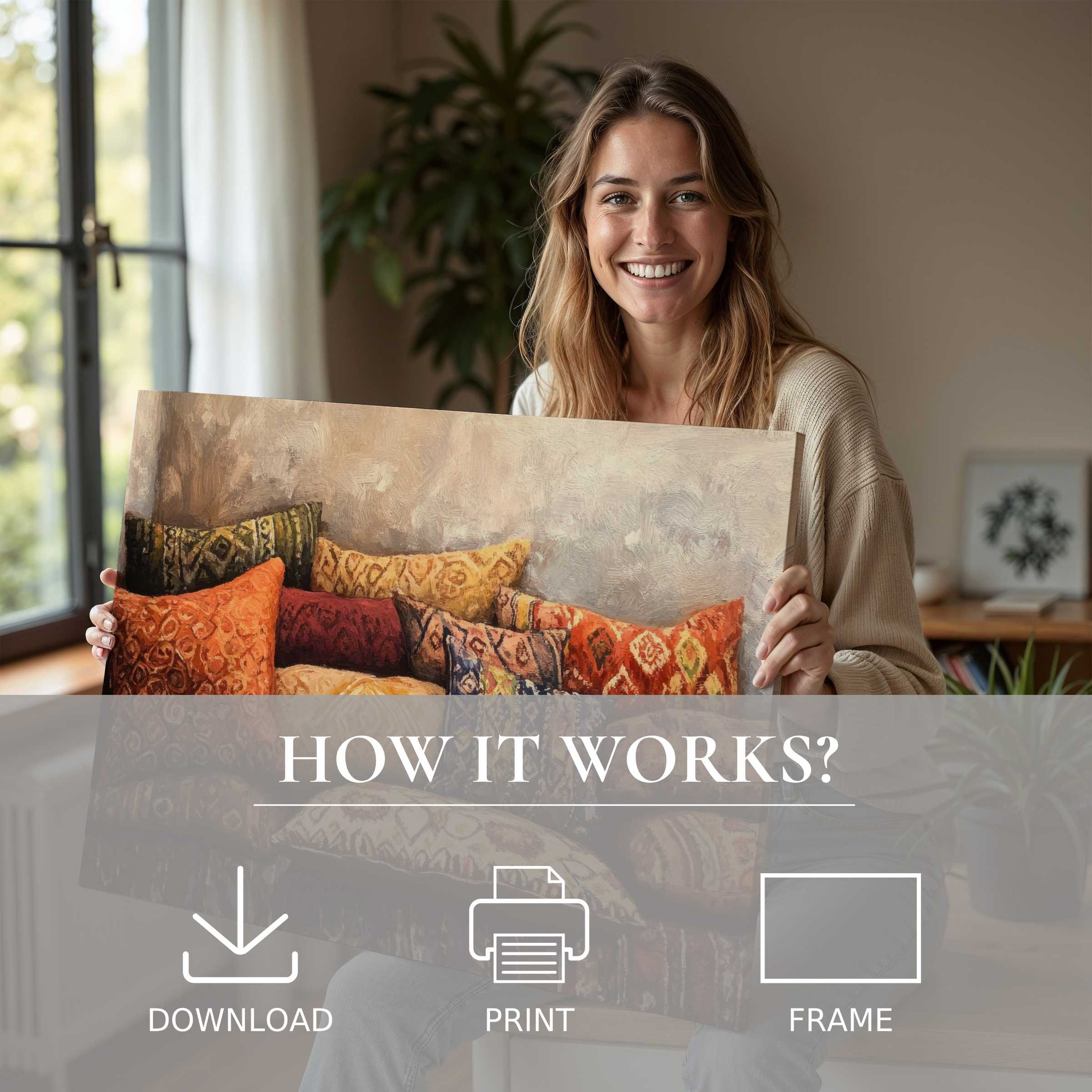 A woman joyfully reveals a boho digital art print in a sunlit, modern home, embodying serene ease and heartfelt connection