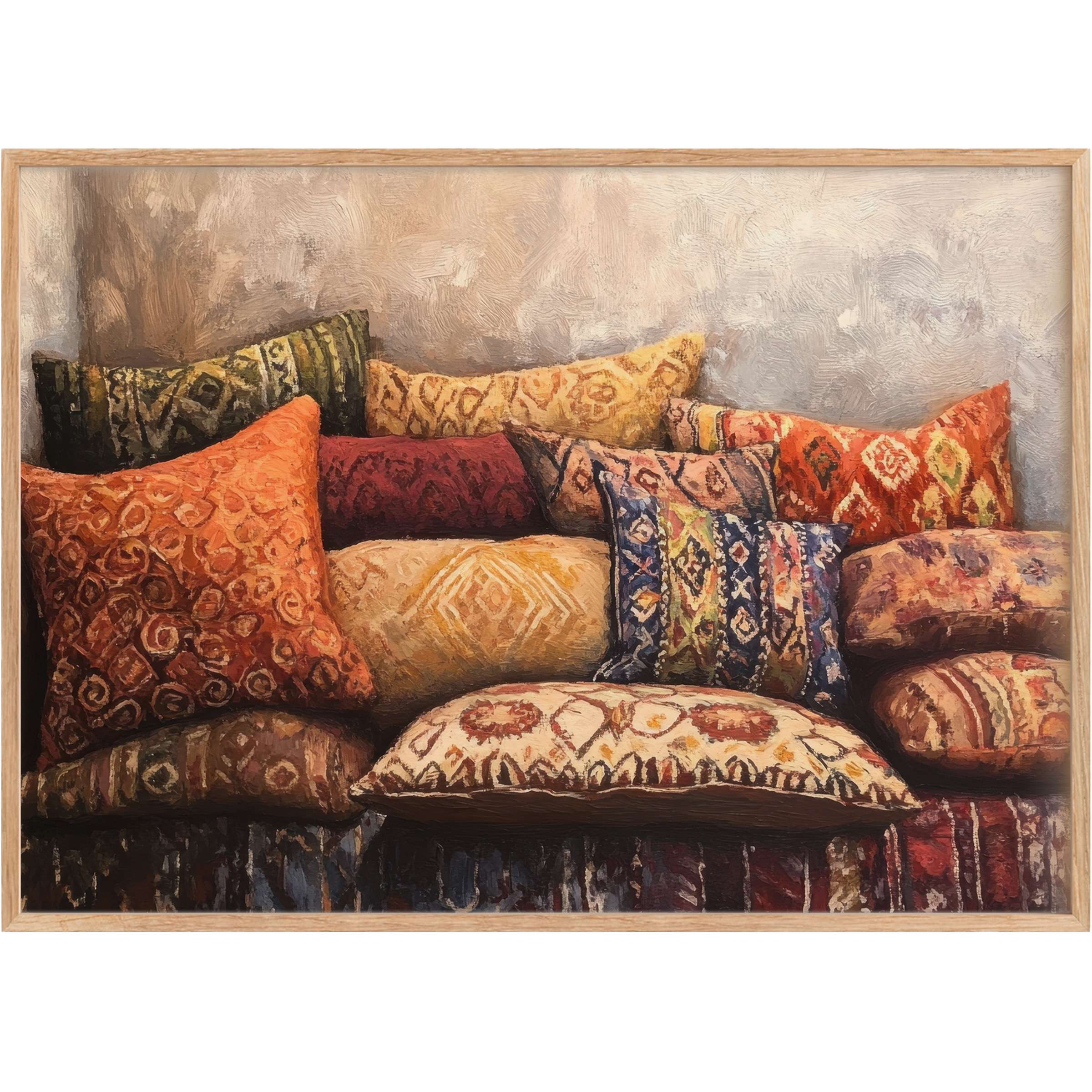 Warm and inviting boho printable wall art featuring rich terracotta, ochre, and navy cushions that evoke cozy, earthy elegance