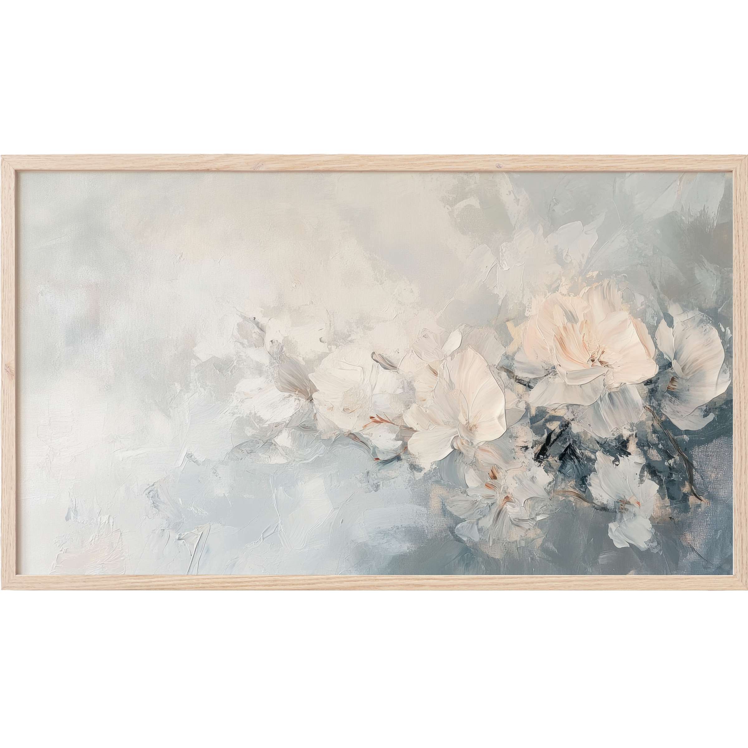 Soft pastel florals in creamy whites and muted blues blend in elegant botanical Frame TV Art with a modern painterly style