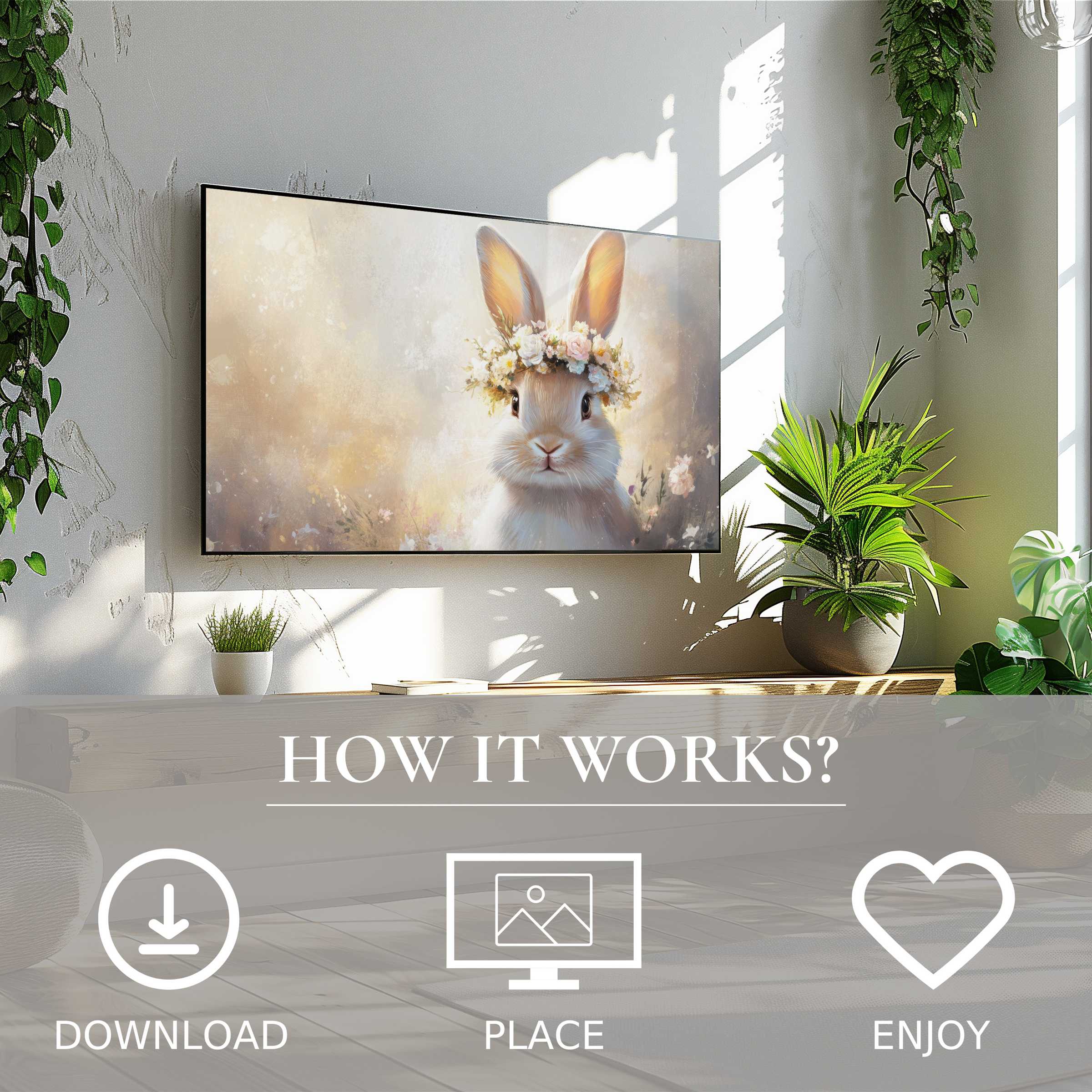 Bright living room with easter art for Samsung TV showing soft sunset tones on Frame TV, easy digital download enhances decor