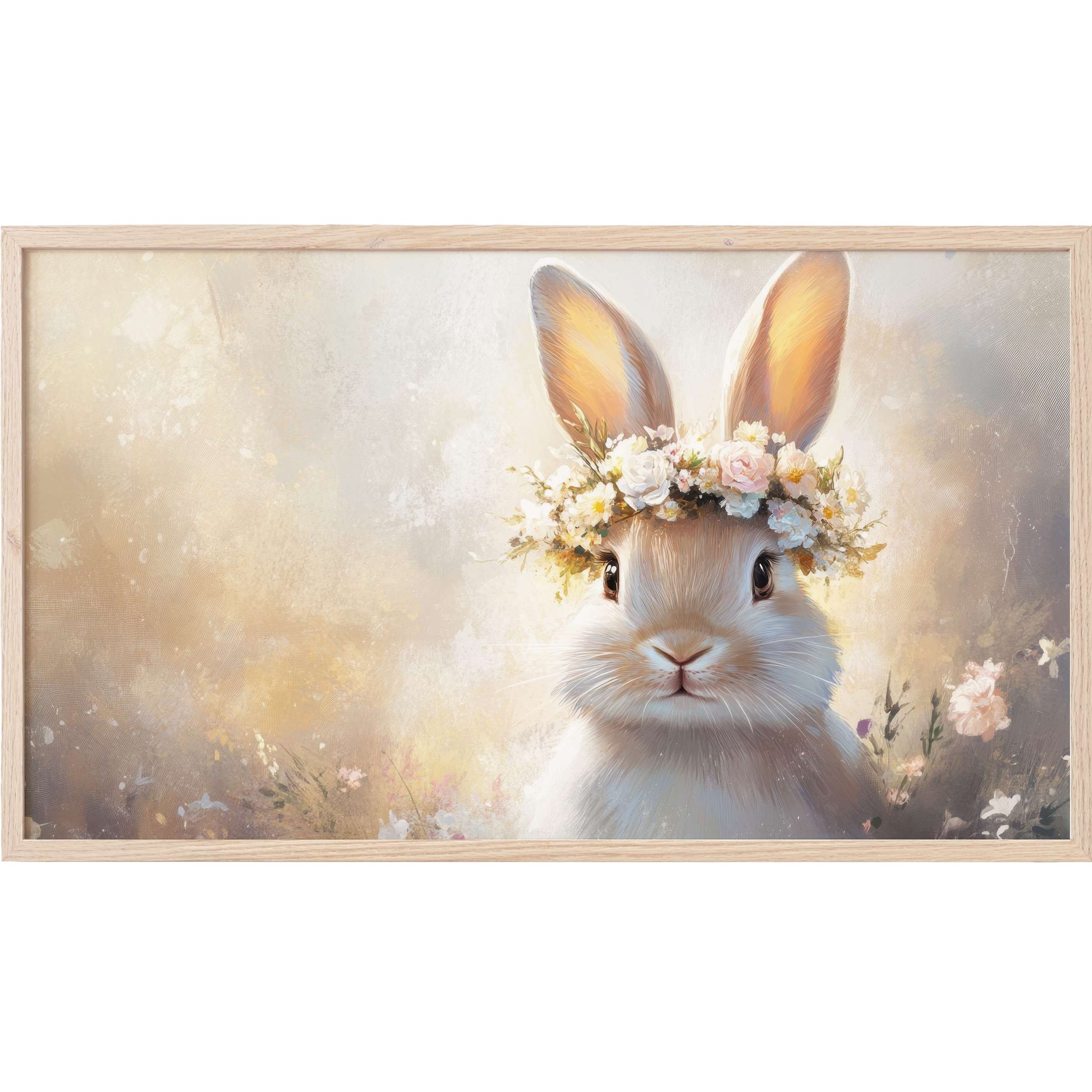 Charming easter Frame TV Art featuring a soft pastel bunny with a delicate floral crown in a dreamy style