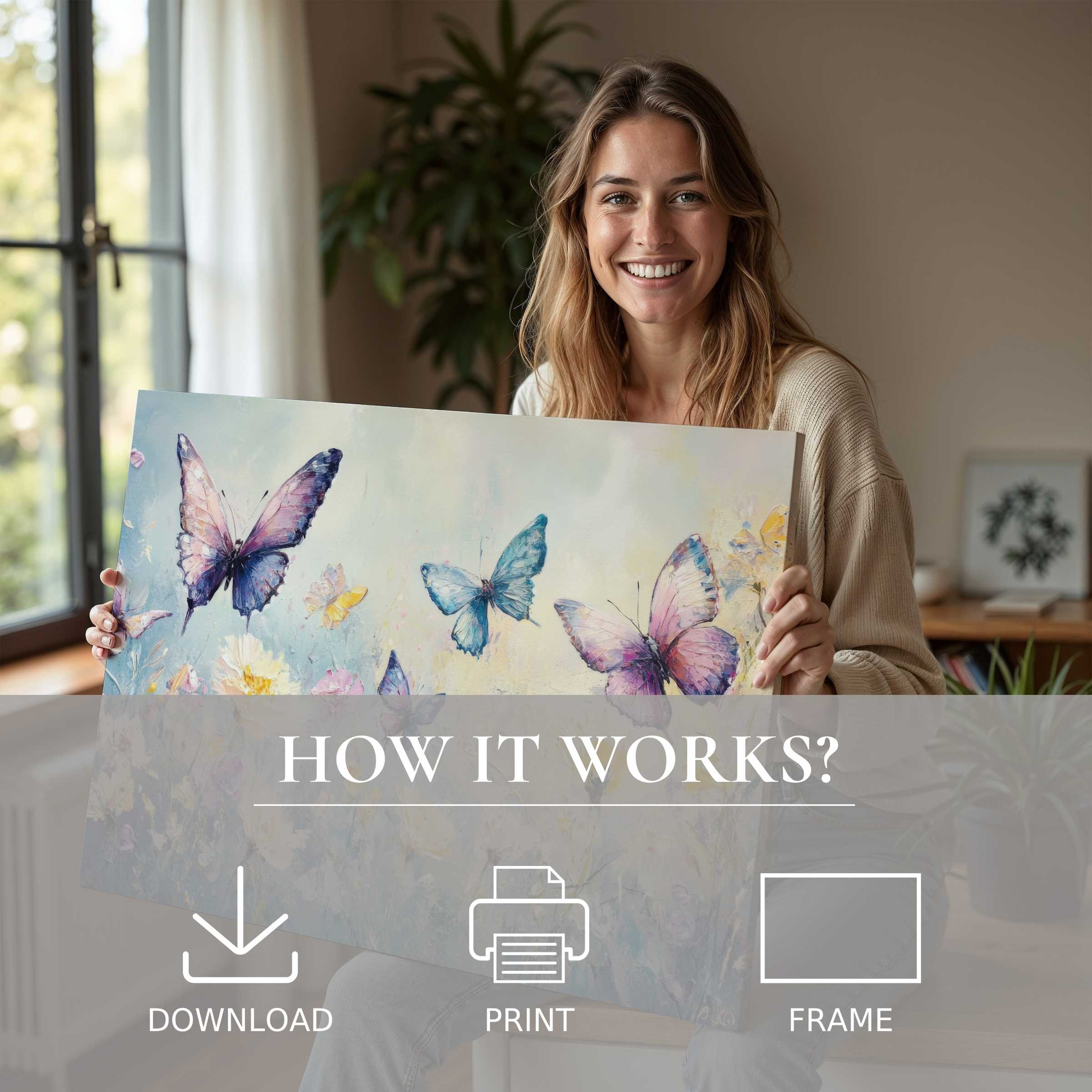 Radiant nursery digital art print held by a joyful woman in a sunlit modern home, embodying effortless elegance and heartfelt connection