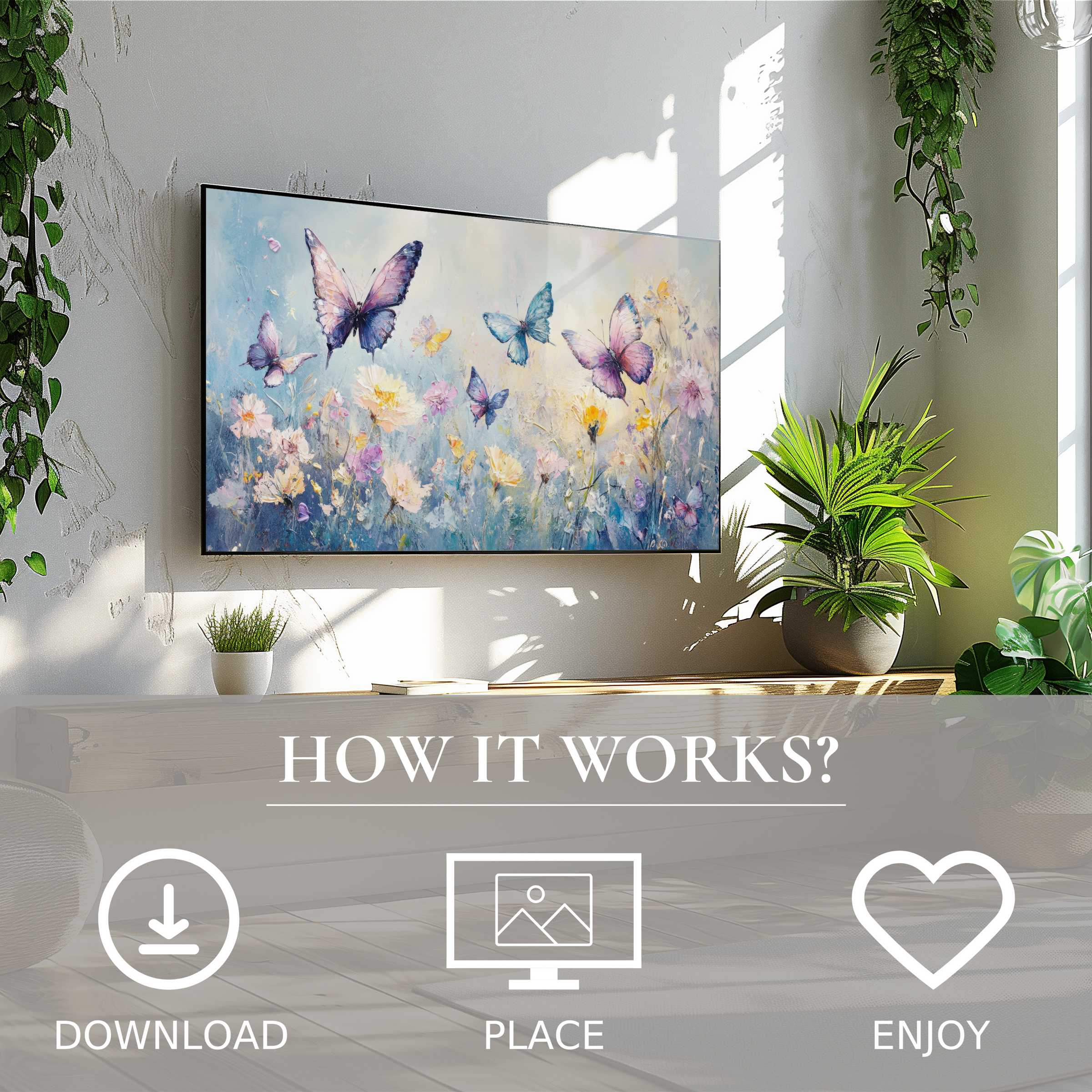 Nursery art for Samsung TV: soft pastel butterflies motif adds calm; easy digital download enriches modern spaces