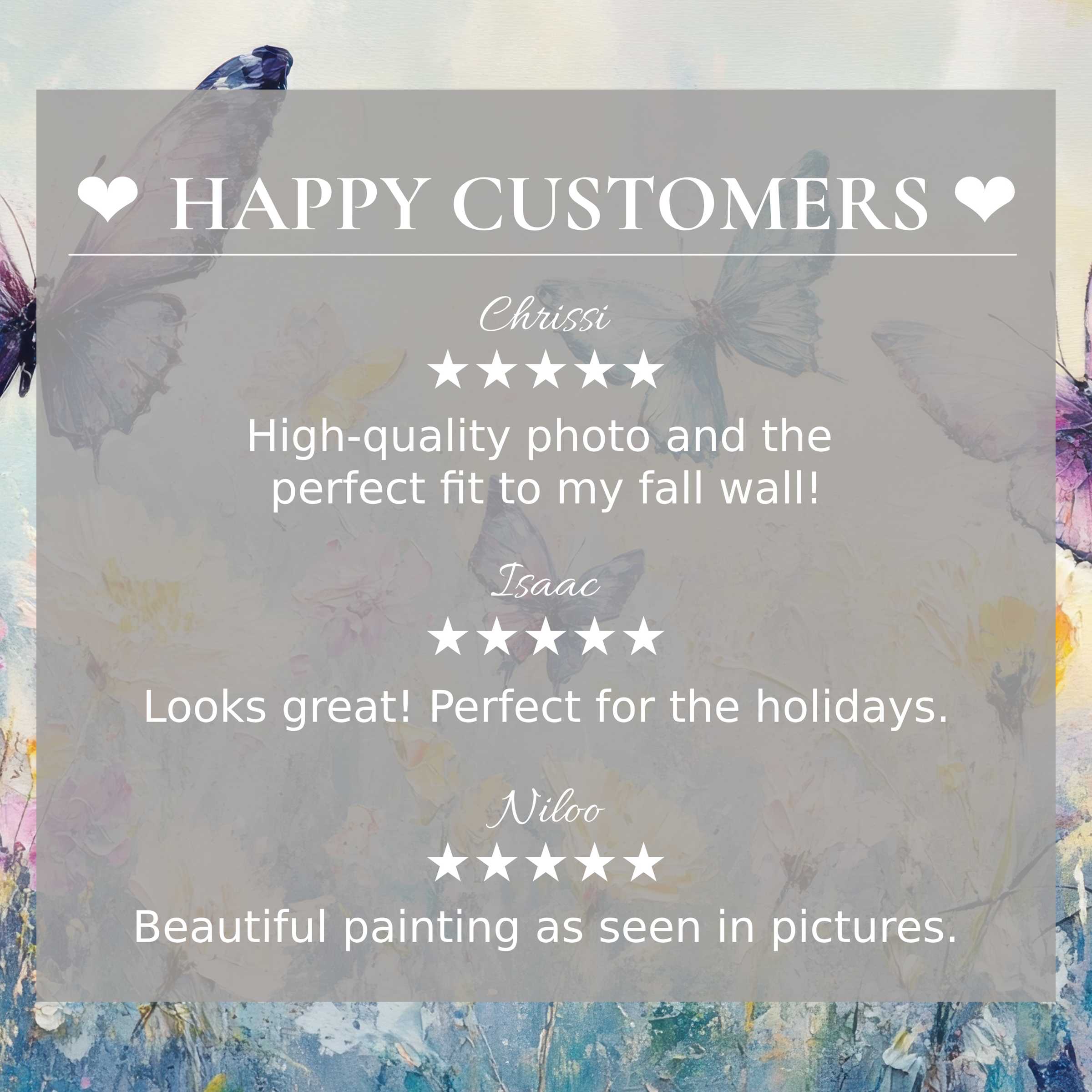 Elegant nursery art for Frame TV with soft butterfly hues; happy customer reviews build trust and highlight refined quality