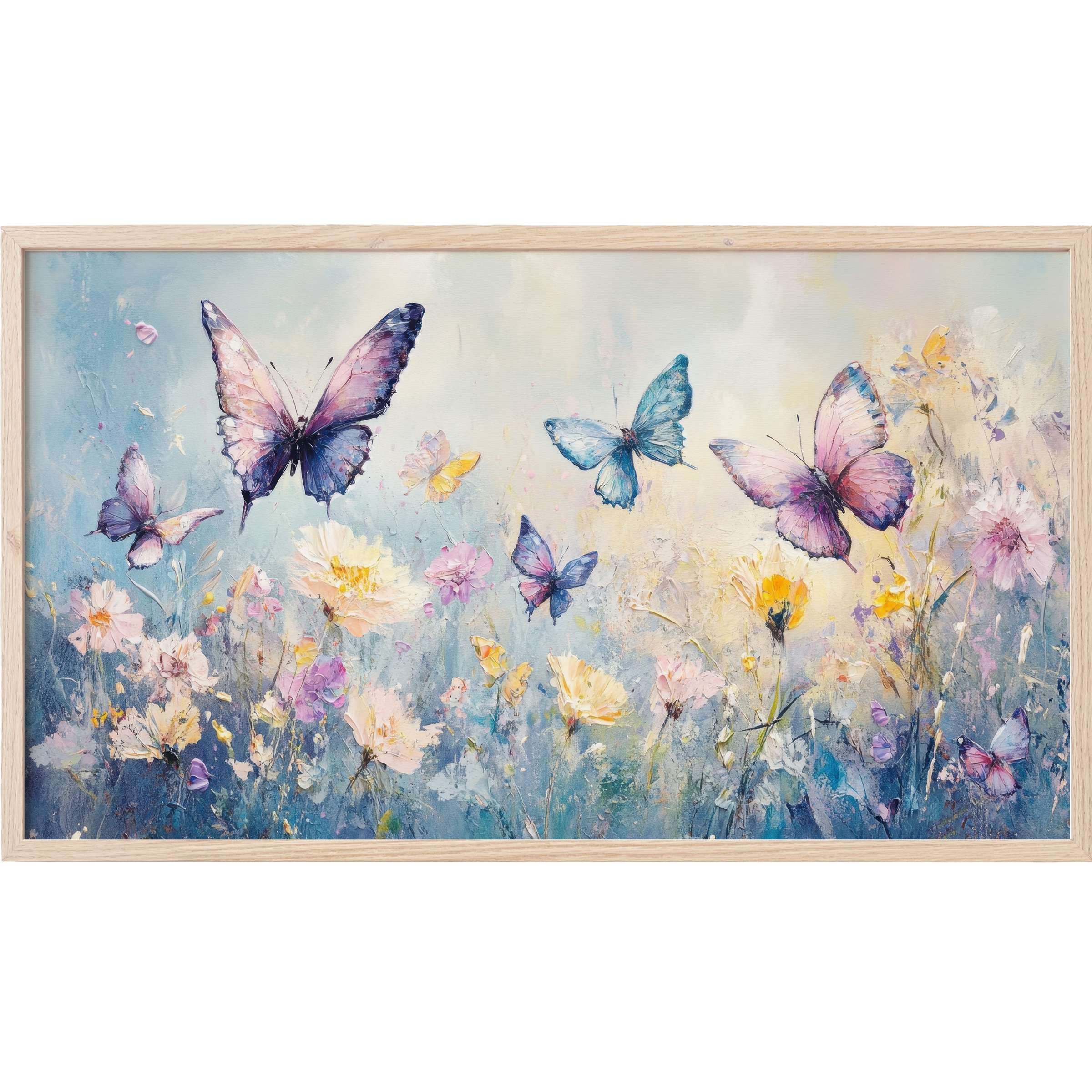 Elegant nursery Frame TV Art with pastel butterflies and flowers in soft blues, pinks, and yellows, evoking serene charm