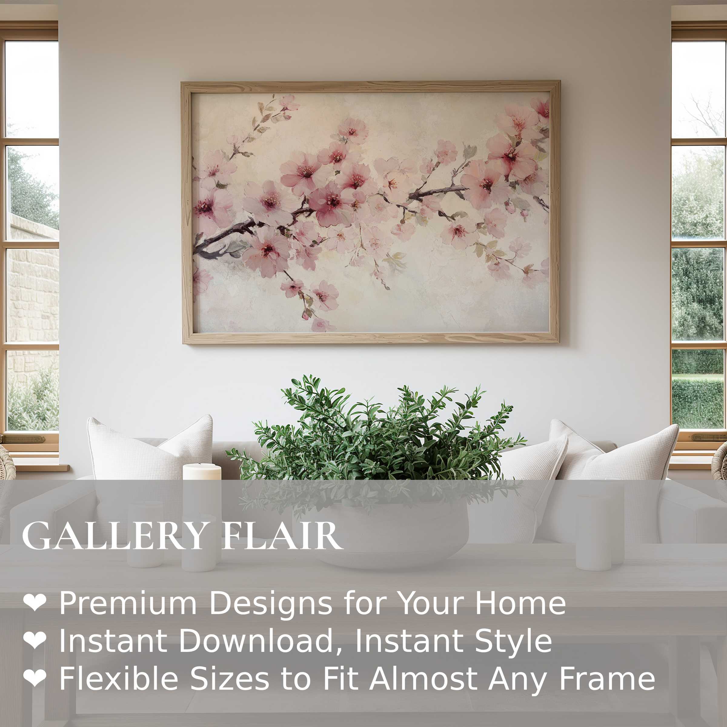 Elegant floral wall art print featuring soft pink blossoms on textured neutrals, enhancing serene modern farmhouse interiors