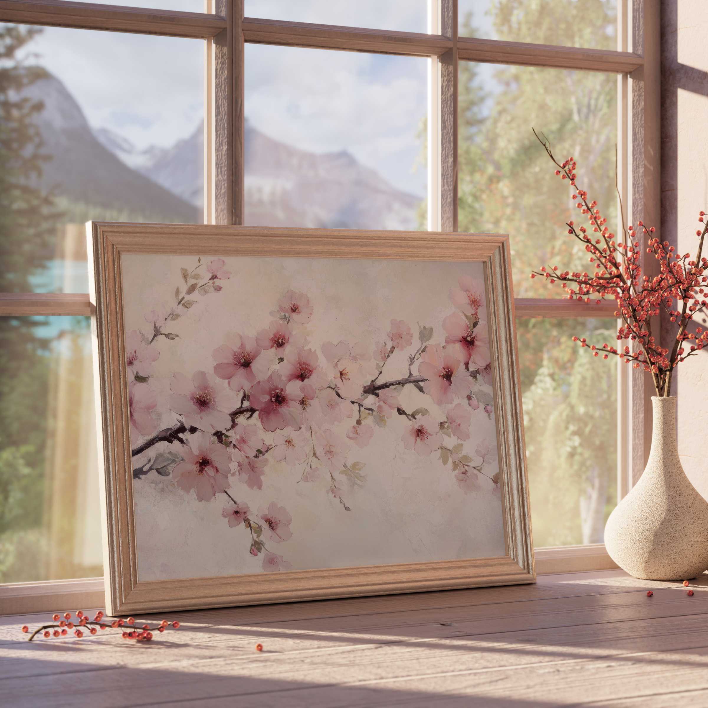 Delicate floral downloadable art featuring soft pink blossoms, enhancing serene, curated spaces with timeless elegance