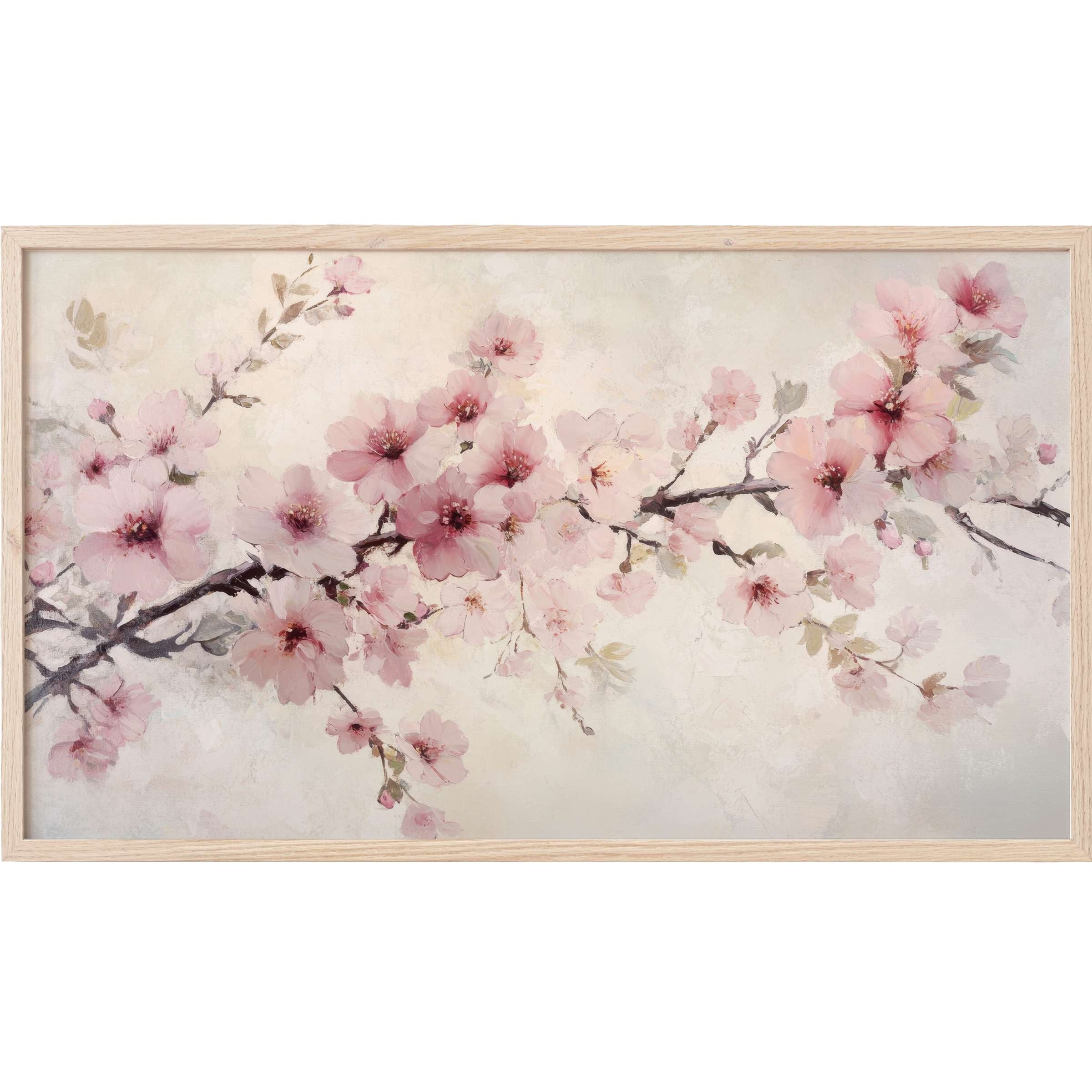 Floral Frame TV Art with soft pink blossoms on delicate branches, featuring a muted, modern watercolor style