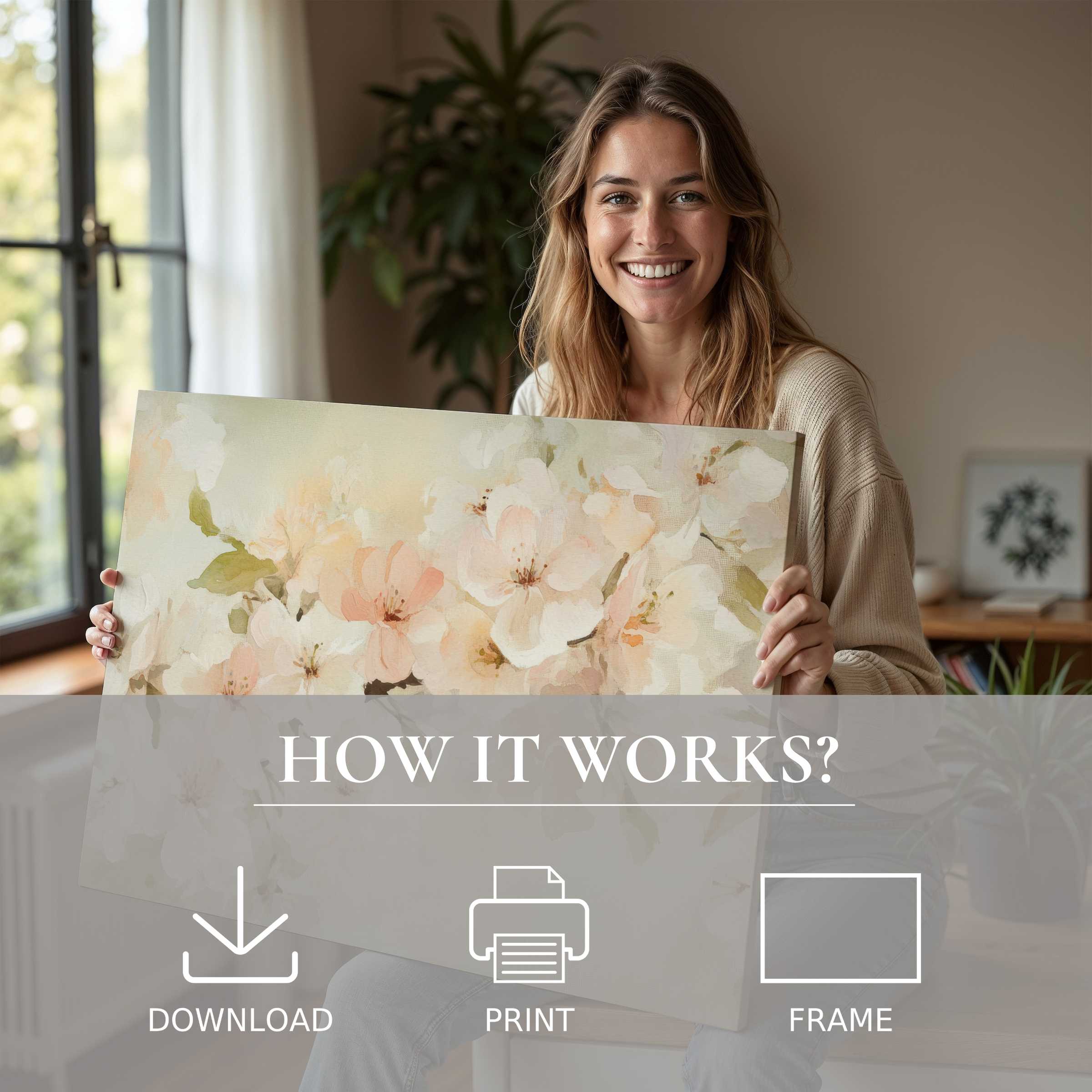 Radiant with joy, a woman unveils a spring digital art print, blending soft florals and serene tones into modern home elegance