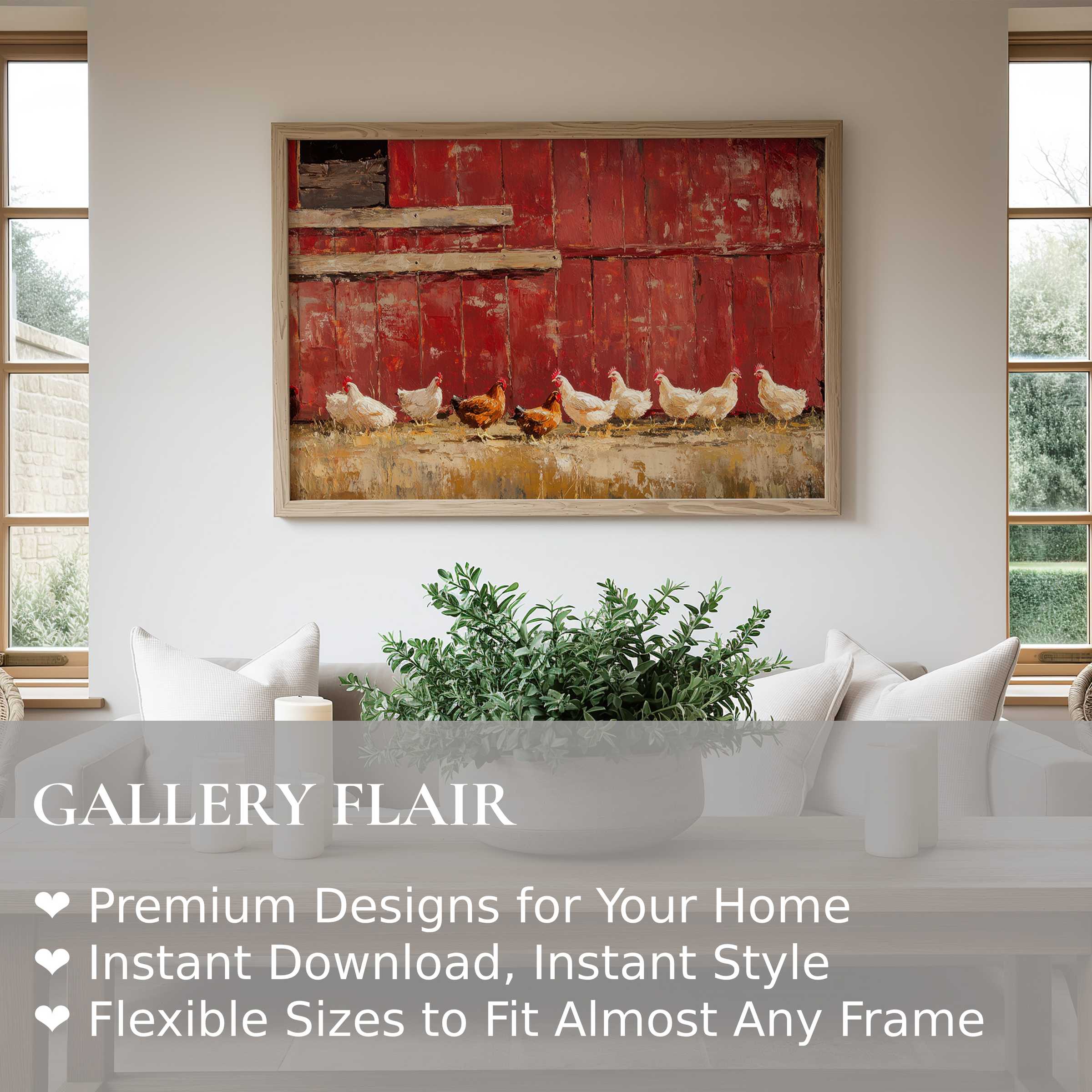 Rustic red barn backdrop with a row of white and brown chickens, farmhouse wall art print evokes warm, inviting charm Perfect for modern country interiors