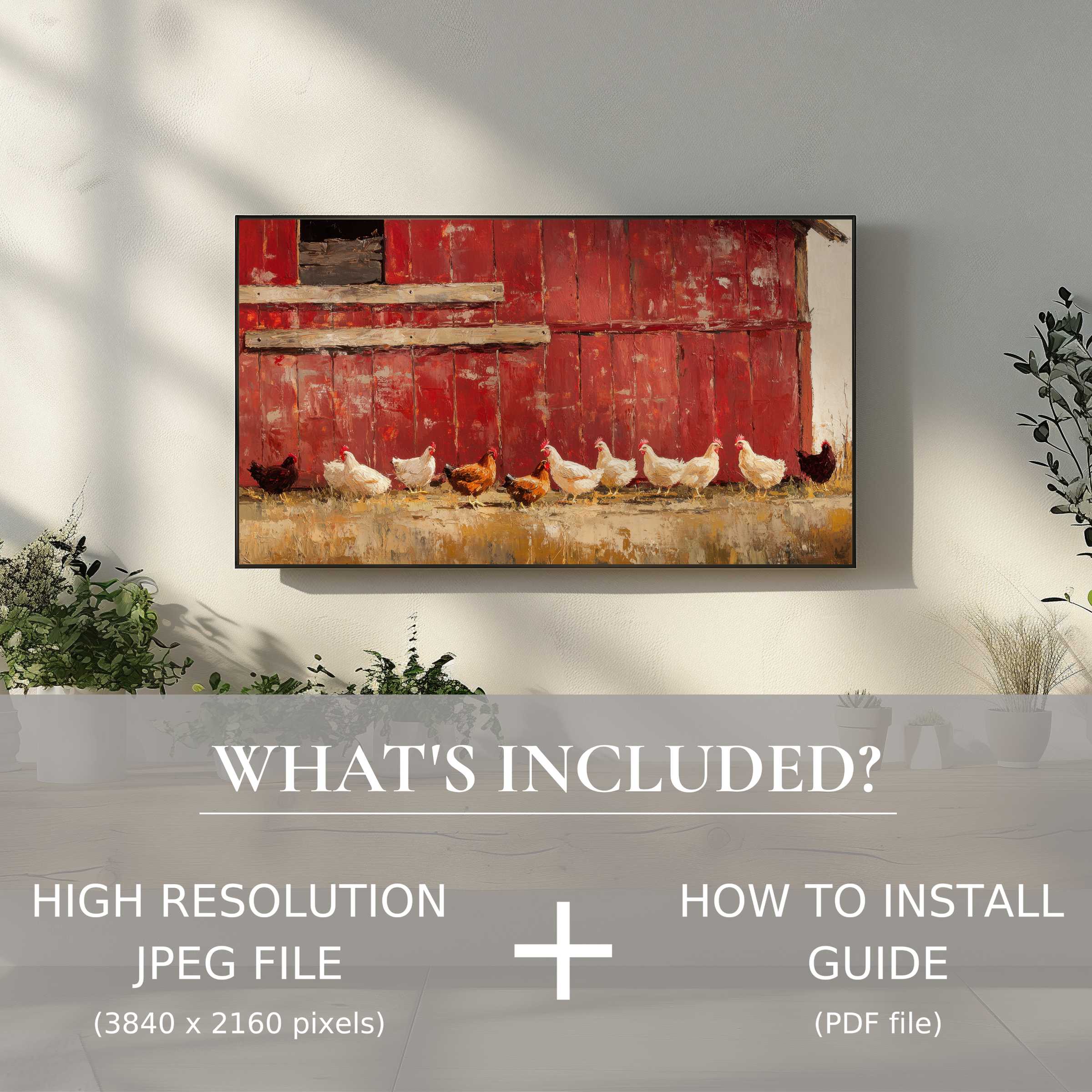 Elegant farmhouse digital TV art download featuring rustic chicken scene, easy digital use enhances any modern living space