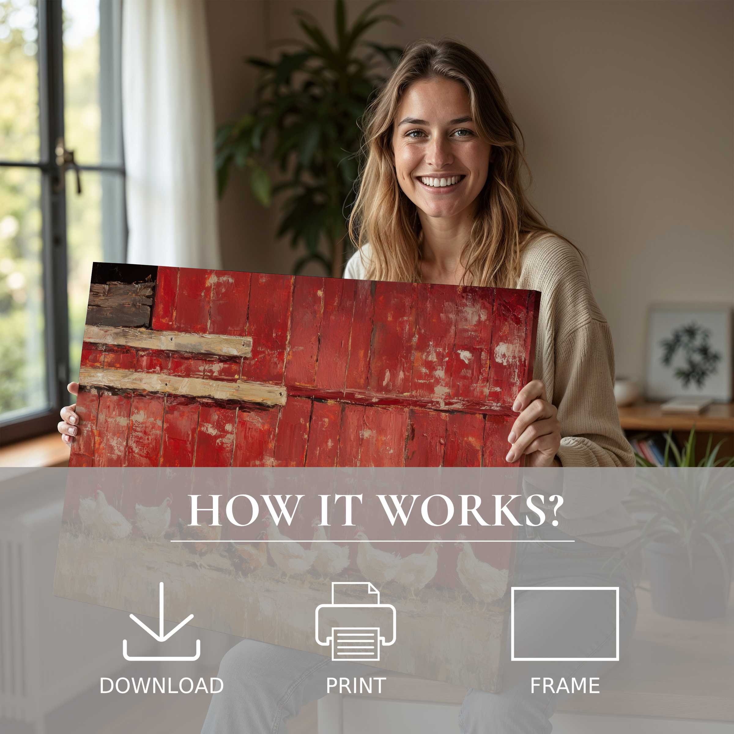 A joyful woman reveals a vibrant farmhouse digital art print, inviting serene warmth and effortless elegance into stylish modern living
