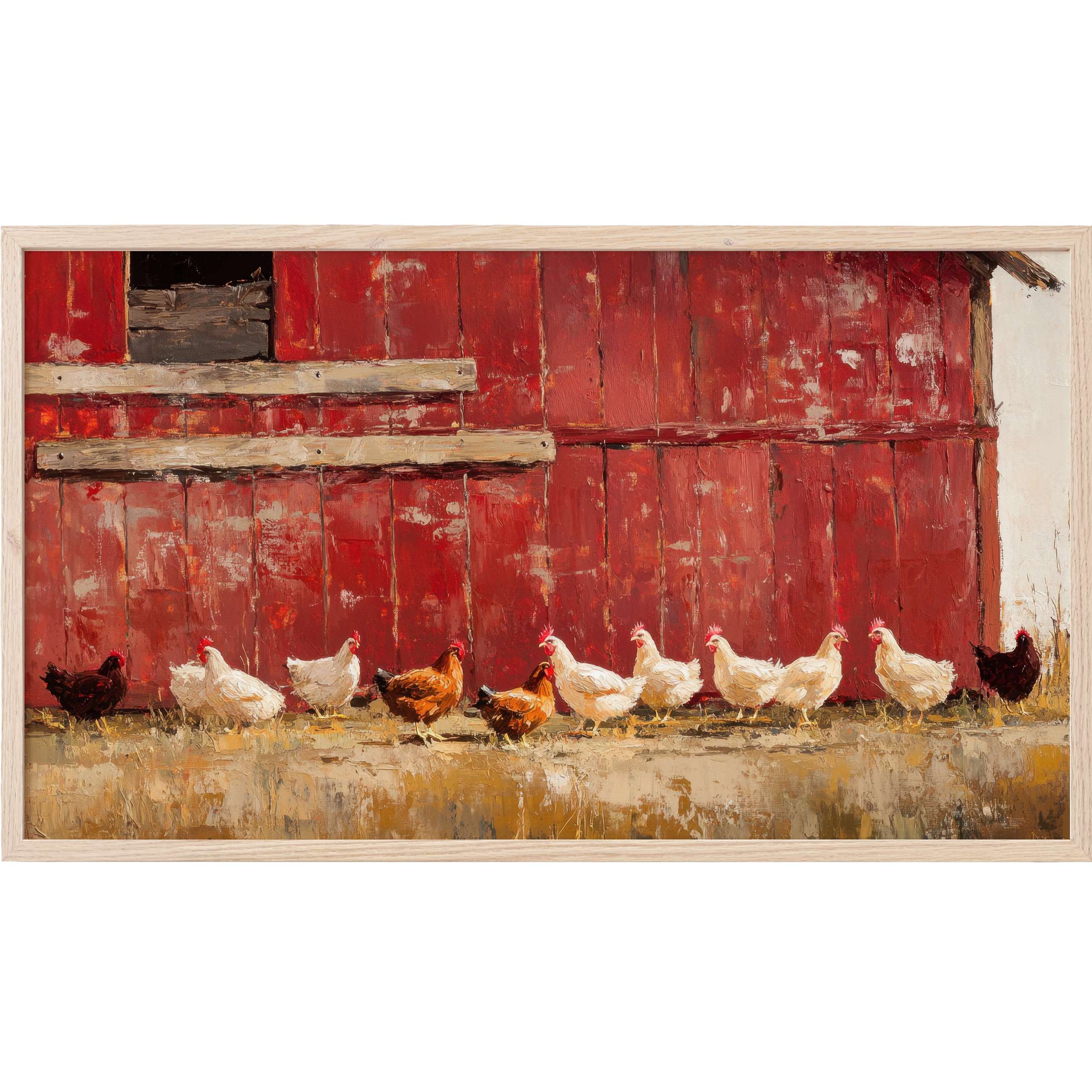 Farmhouse Frame TV Art with textured red barn and rustic chickens in warm, earthy tones, evoking serene country charm