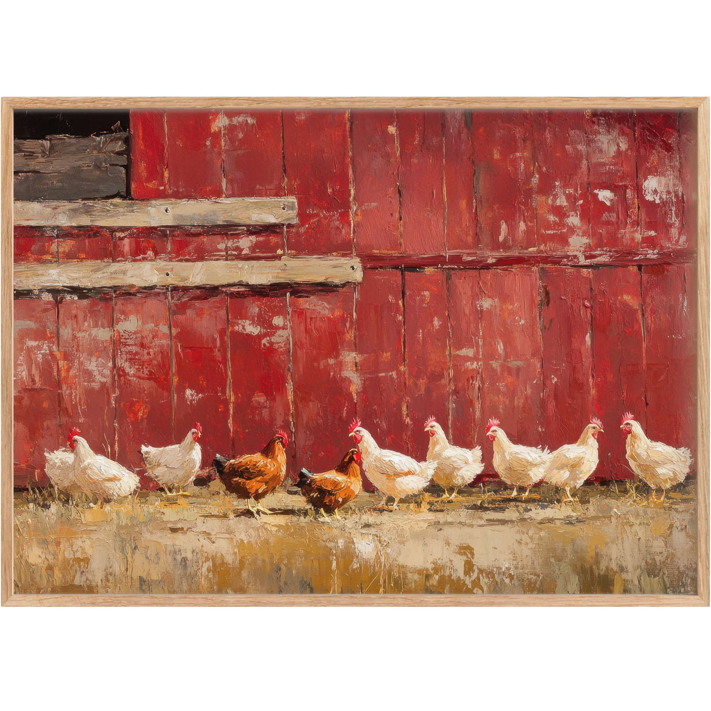Rustic charm meets timeless elegance in farmhouse printable wall art featuring lively hens against a textured, weathered red barn