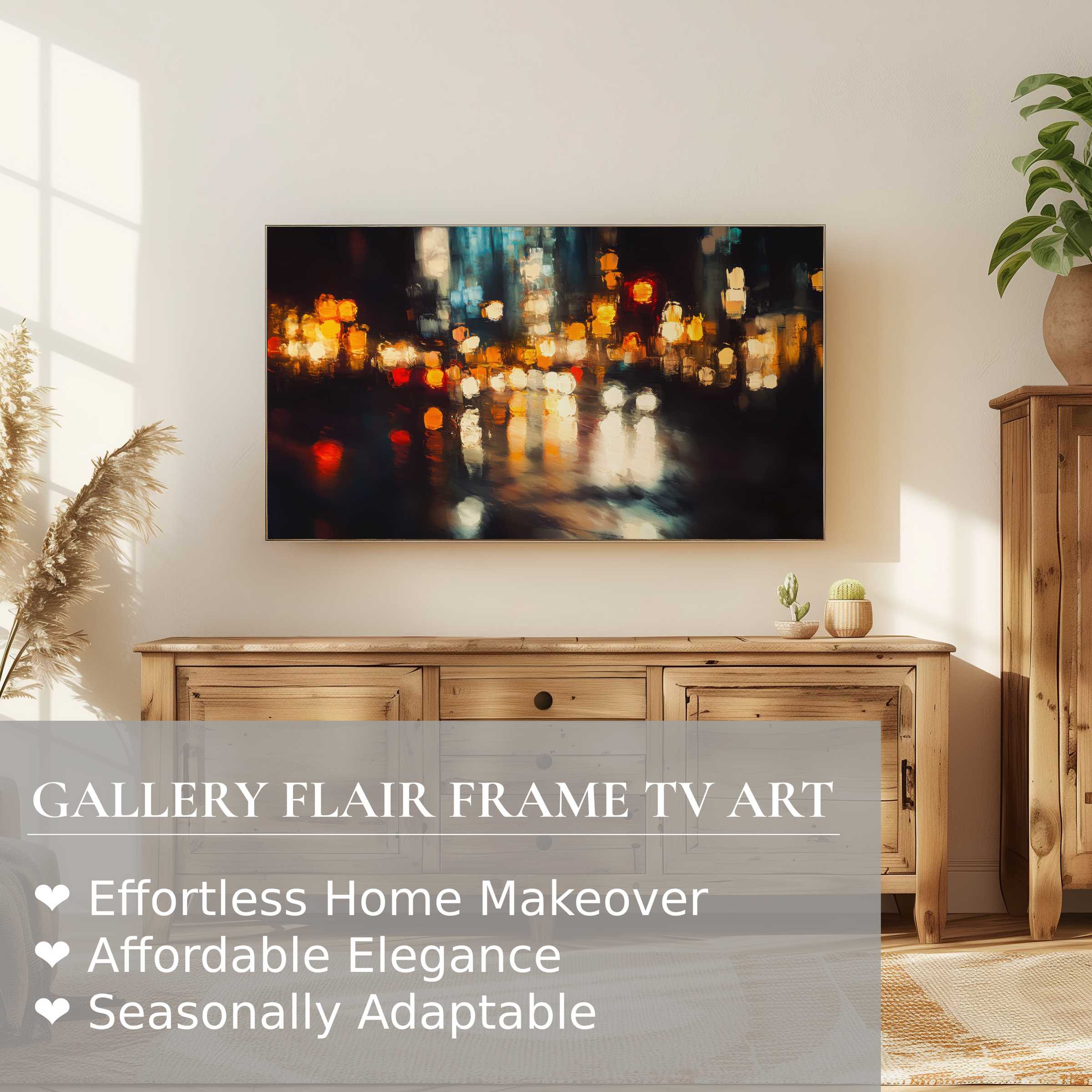 Samsung Frame TV showcasing sophisticated urban digital artwork in a warm, modern living space with natural accents