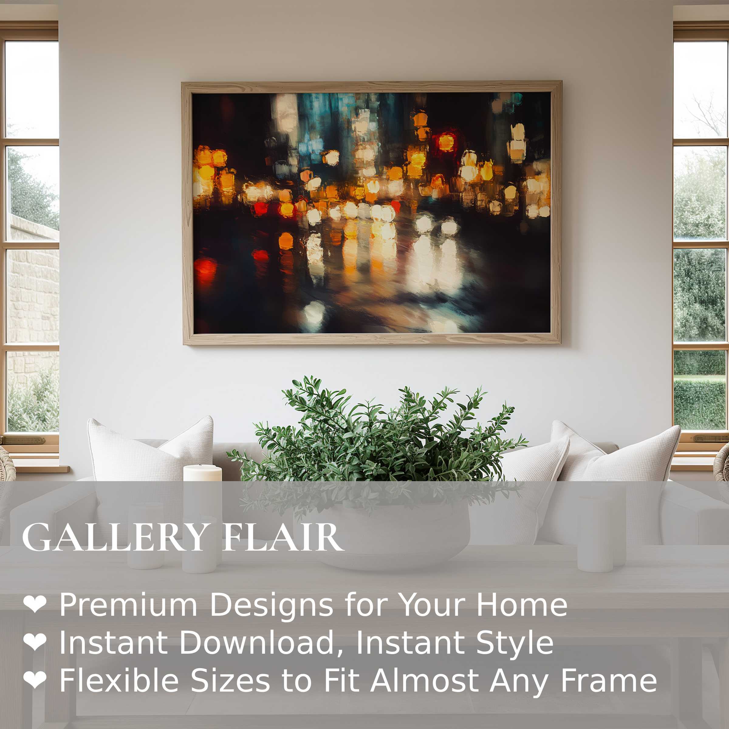Urban art wall art print with radiant city lights in warm hues, enhancing modern, minimal interiors with dynamic, moody ambiance and refined style