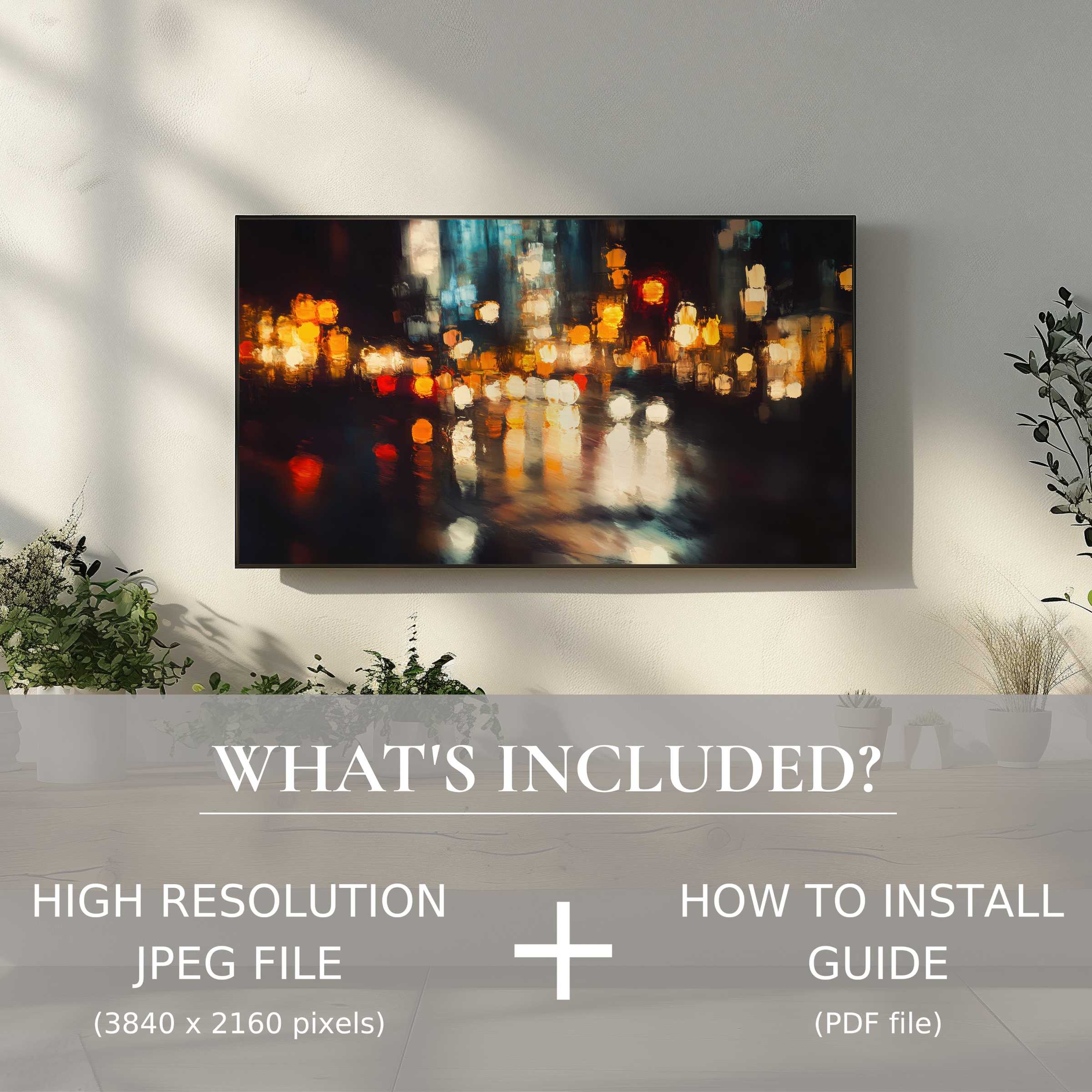 Elegant urban digital TV art download with easy use, enhancing modern living spaces with vibrant cityscape ambiance