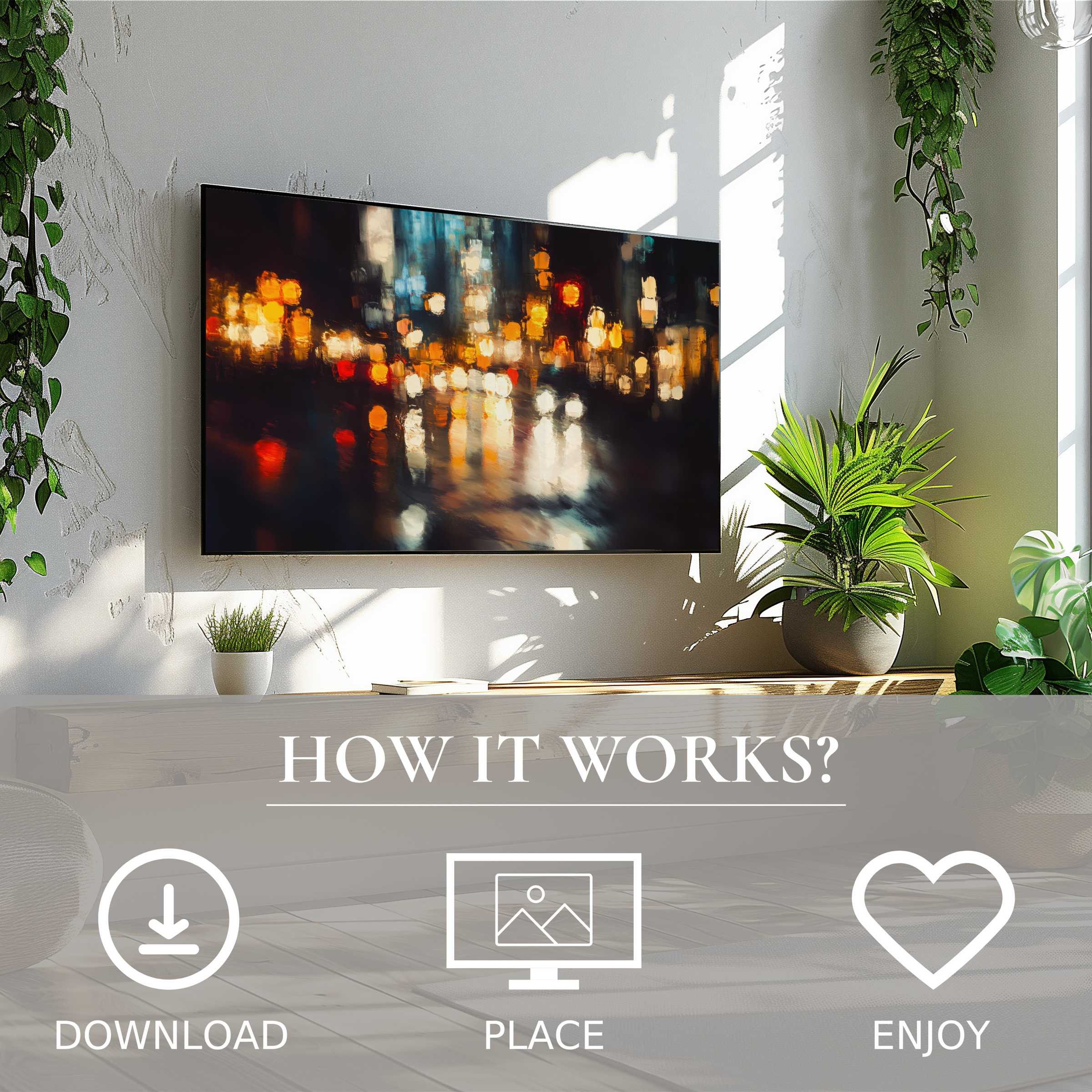 Urban art for Samsung TV with easy digital download; blurred city lights enrich modern living space ambiance