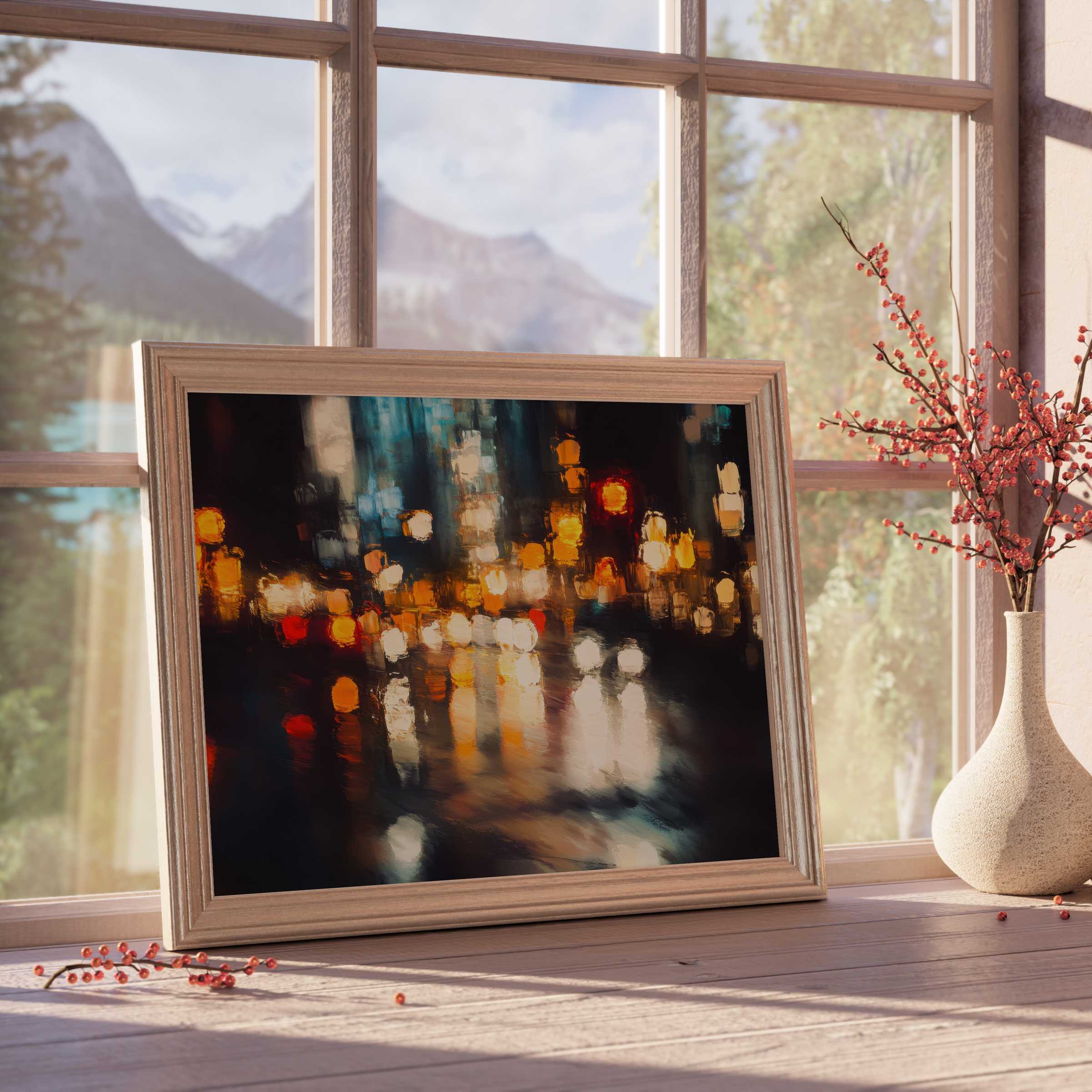 Urban downloadable art capturing vibrant city lights in soft focus, elevating refined spaces with warm, tranquil ambiance and modern elegance