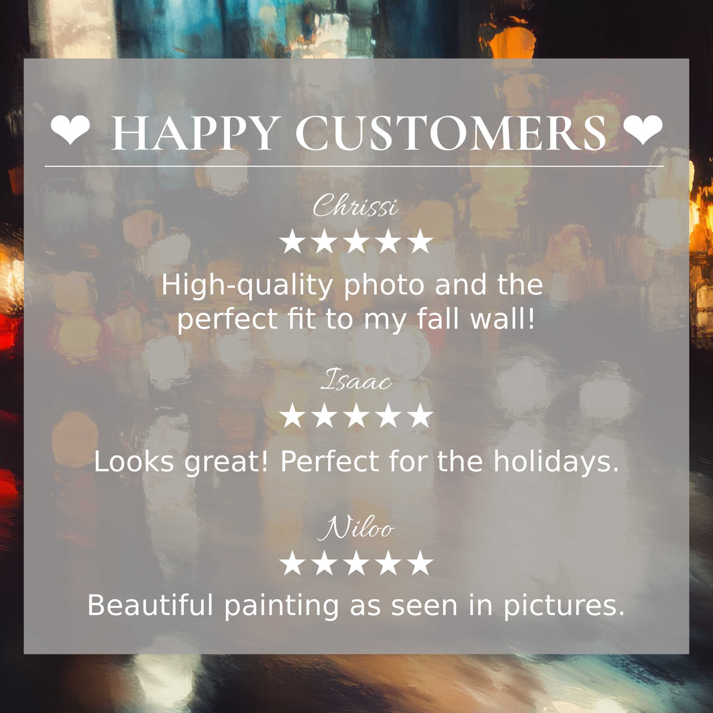 Urban art for Frame TV with abstract city lights background, showcasing happy customer reviews and elegant design trust