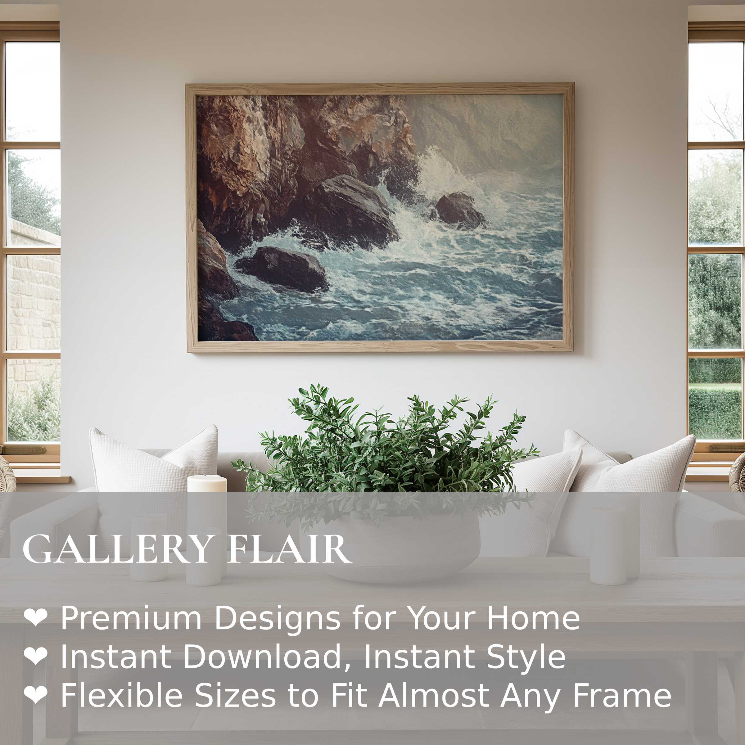 Coastal wall art print capturing the radiant energy of crashing waves and rugged cliffs, enhancing serene modern minimalist interiors
