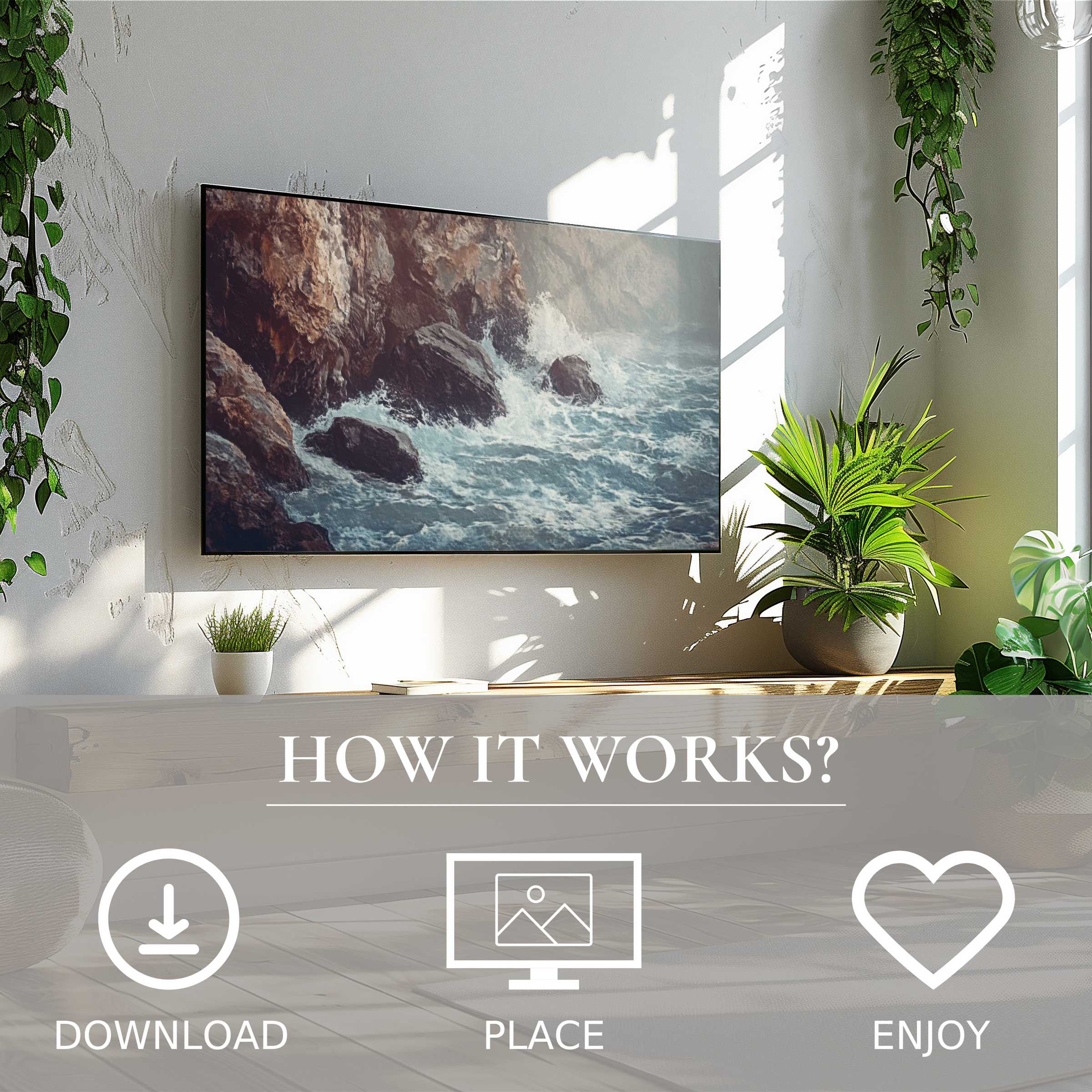 Coastal art for Samsung TV with serene waves and rocks, easy digital download enriching modern living spaces