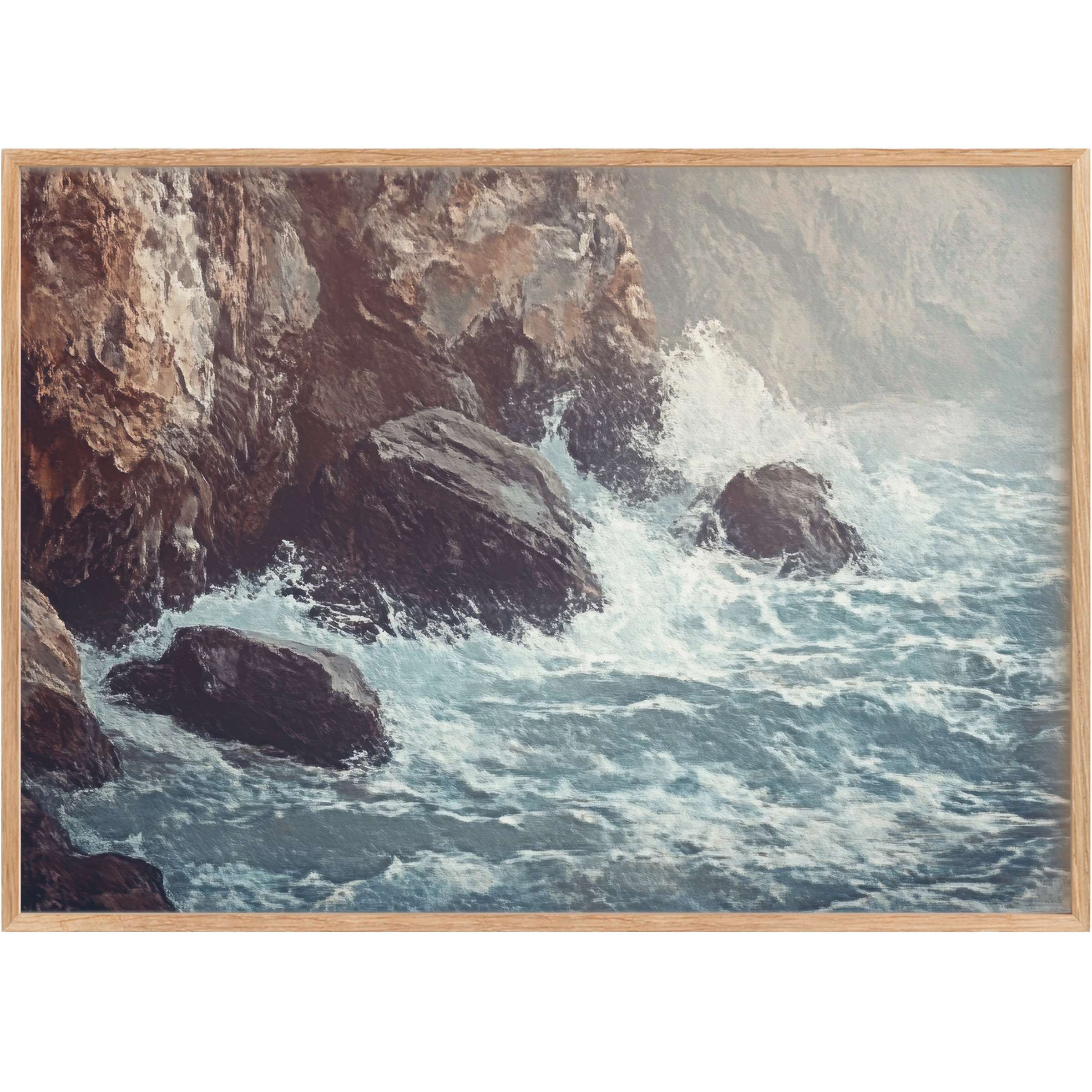 Coastal printable wall art capturing rugged cliffs and dynamic waves in soothing blues and earthy tones, evoking a serene, invigorating ambiance