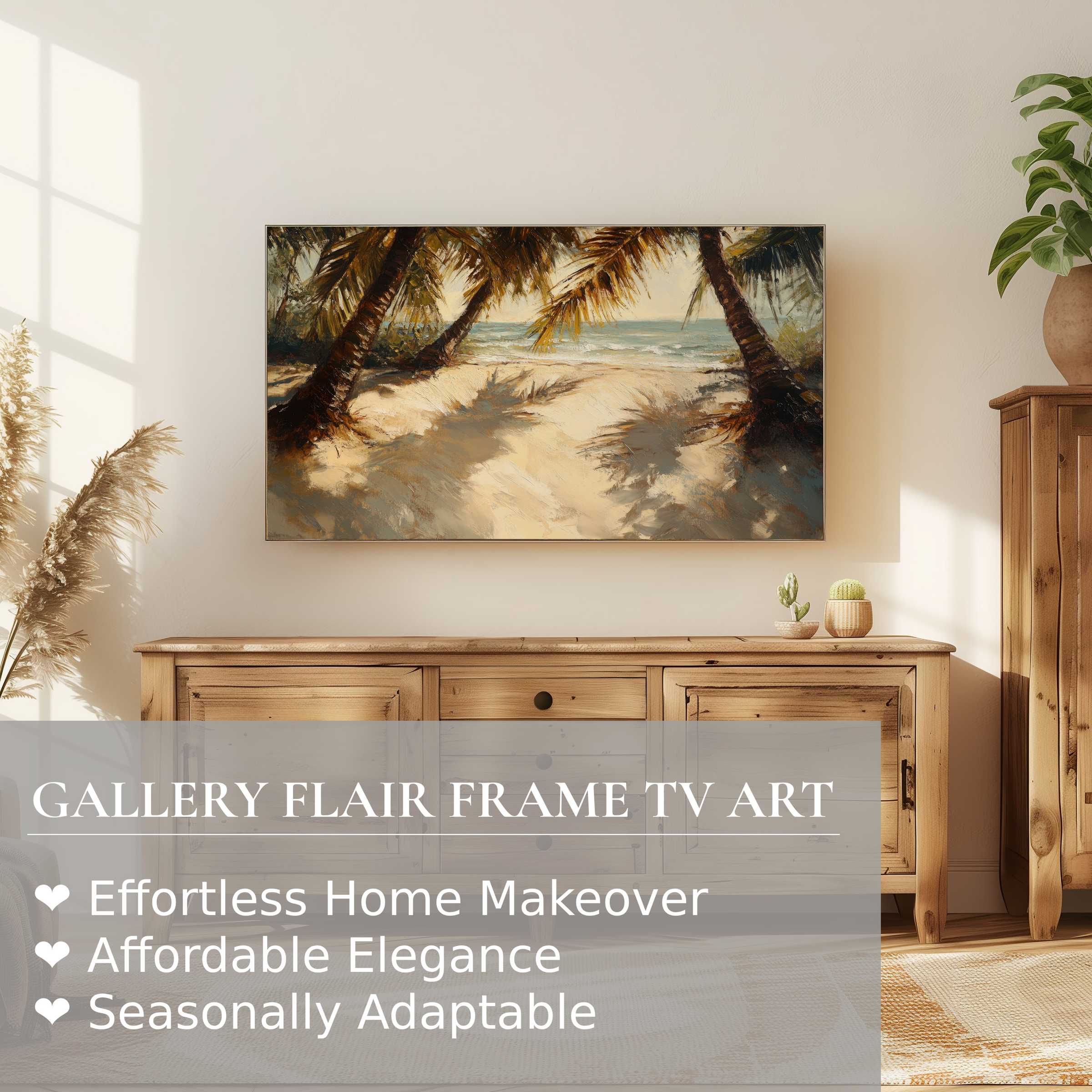 Samsung Frame TV displaying serene beach digital artwork in a warm, modern living space with natural wood tones